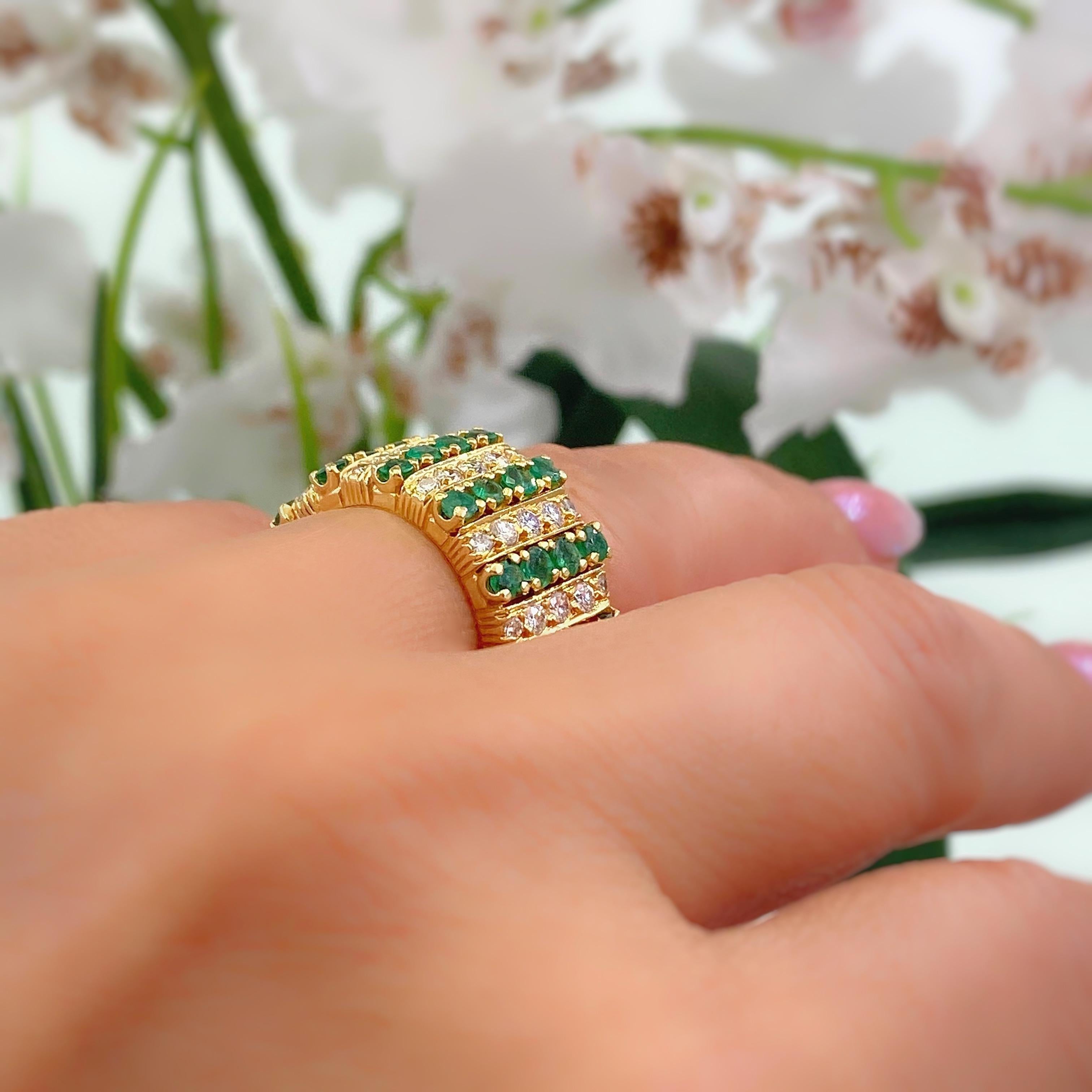 Emerald and Diamond Eternity Cocktail Ring 18 Karat Yellow Gold For Sale 5