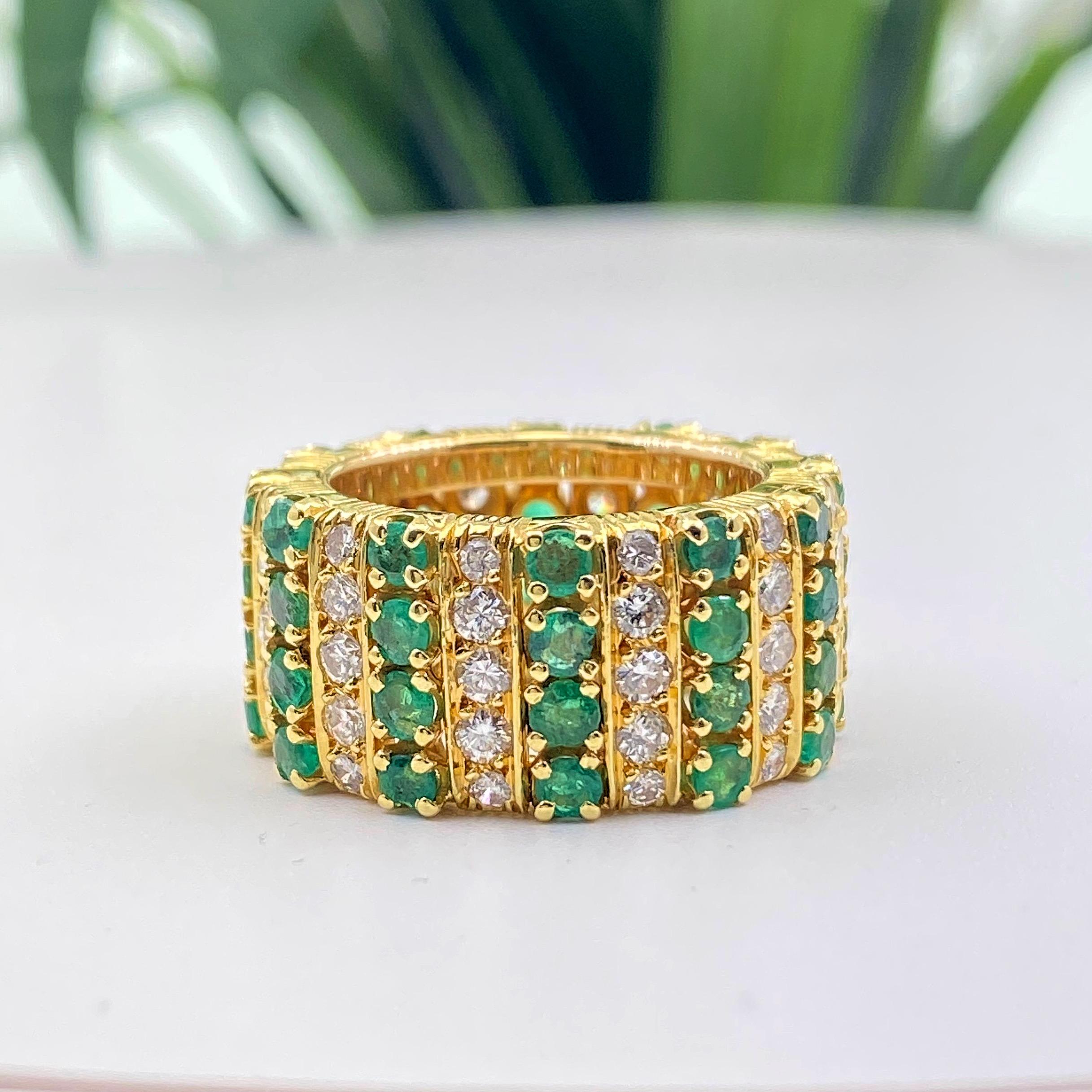 Emerald and Diamond Eternity Cocktail Ring 18 Karat Yellow Gold In Excellent Condition For Sale In San Diego, CA