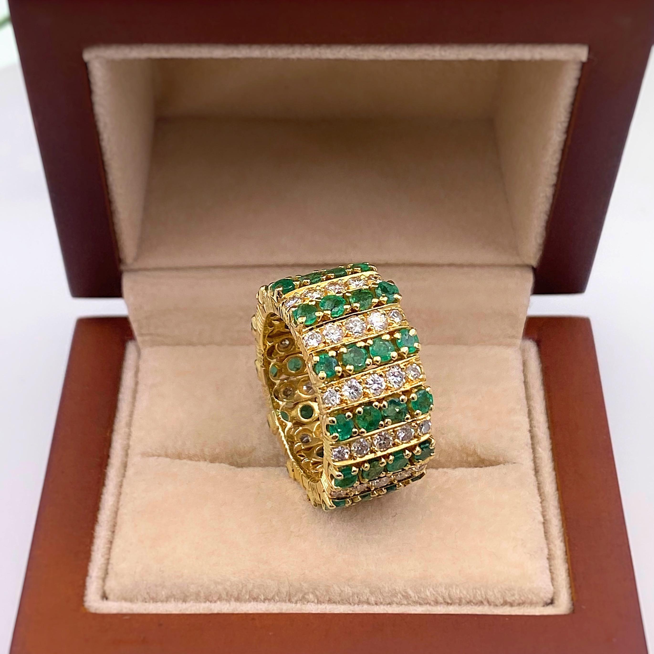 Women's or Men's Emerald and Diamond Eternity Cocktail Ring 18 Karat Yellow Gold For Sale
