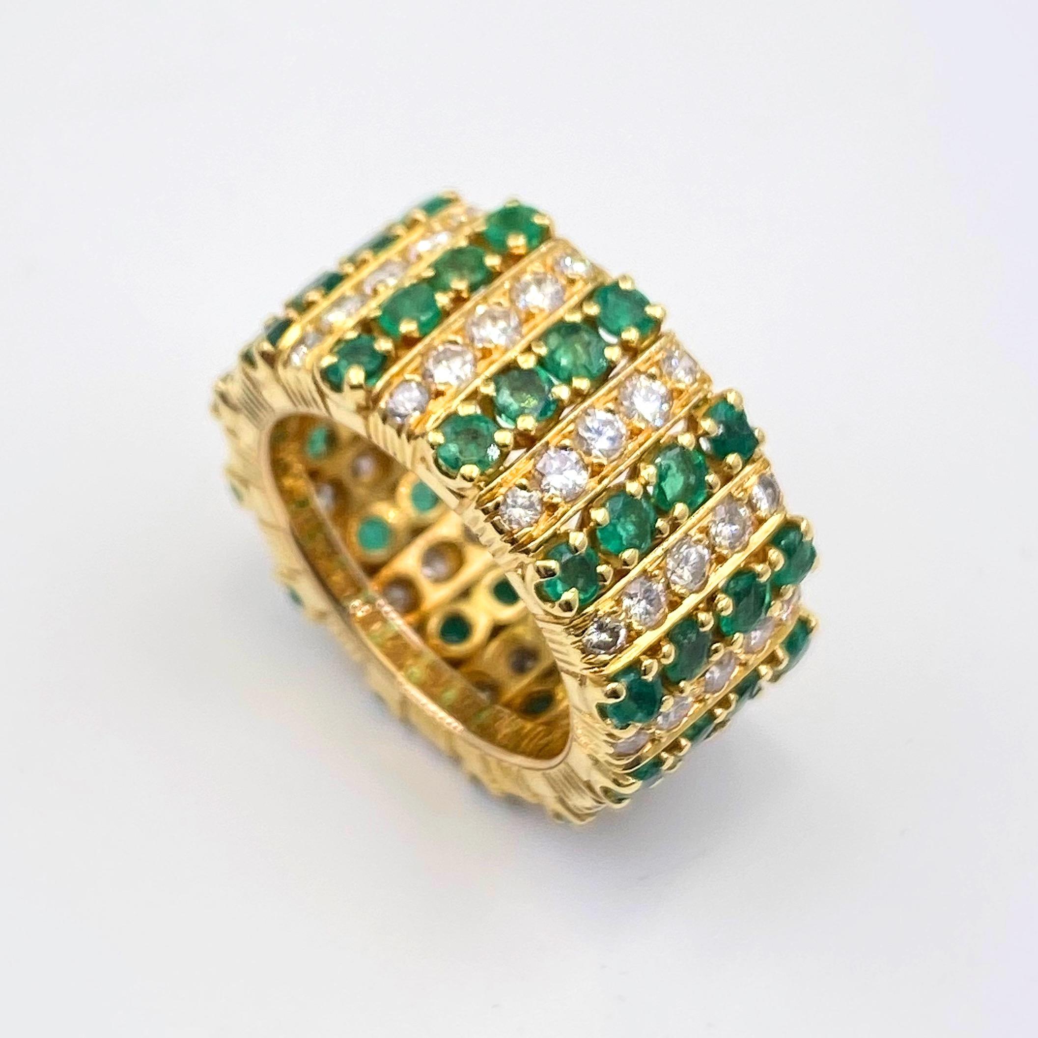 Emerald and Diamond Eternity Cocktail Ring 18 Karat Yellow Gold For Sale 2