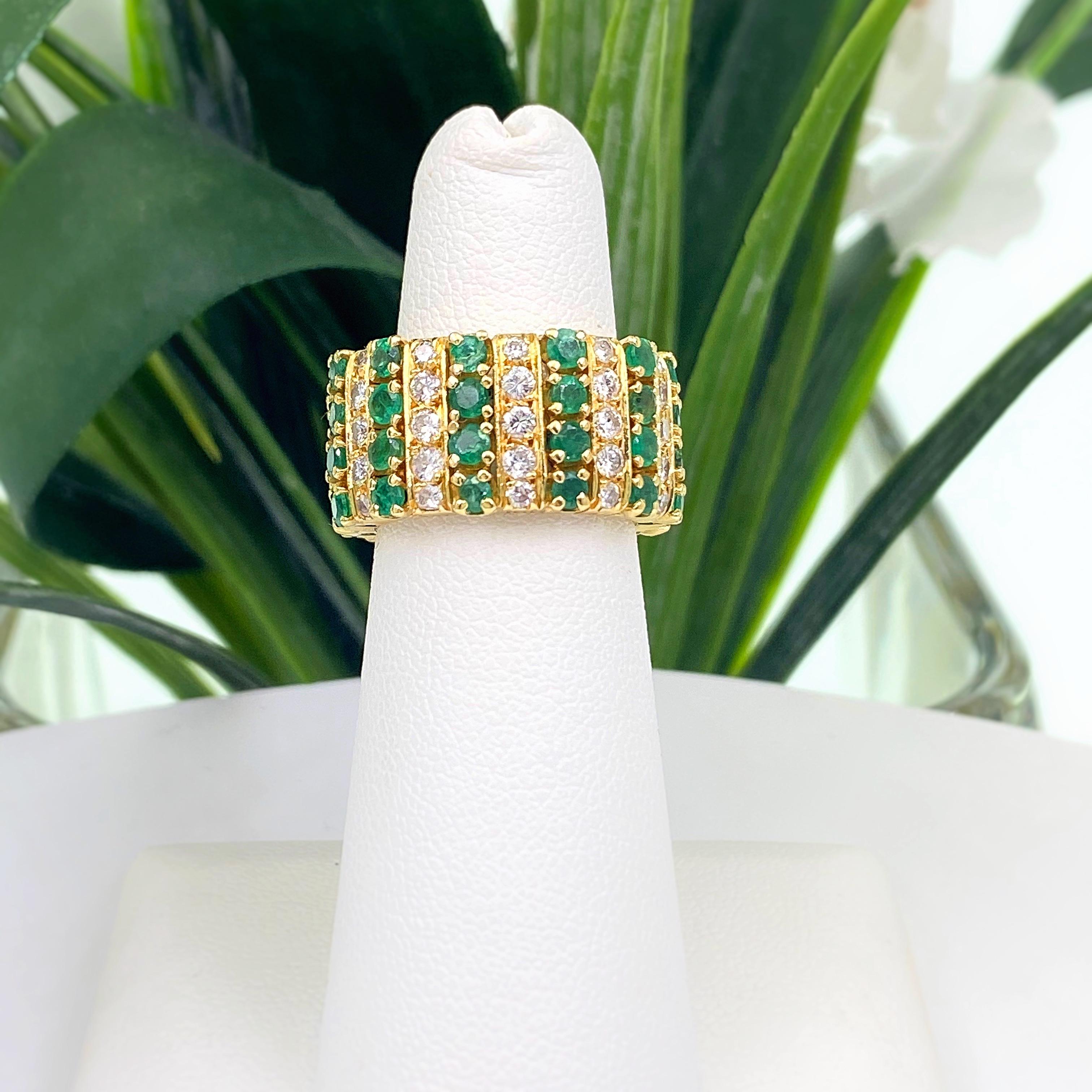 Emerald and Diamond Eternity Cocktail Ring 18 Karat Yellow Gold For Sale 3