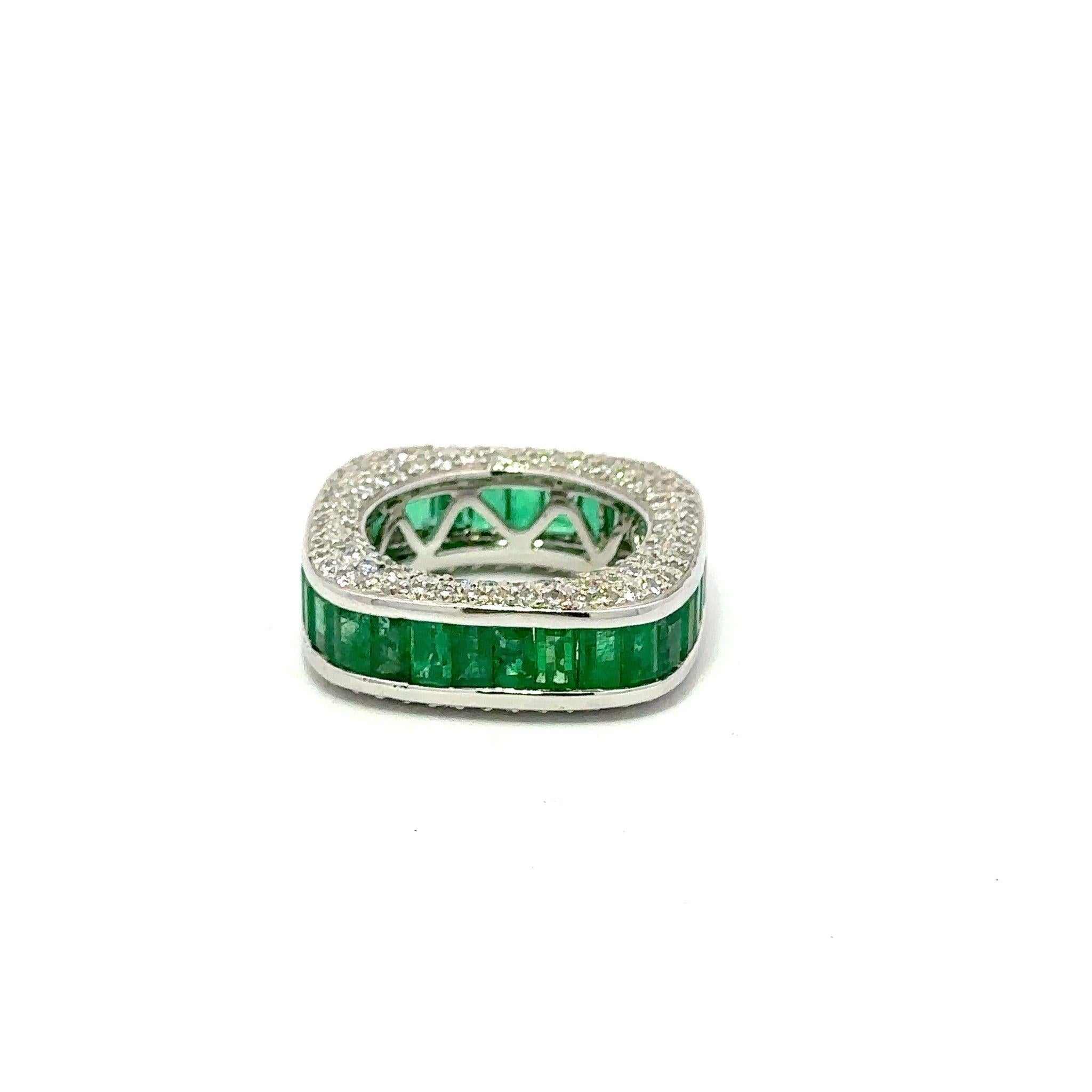 Modern Emerald and Diamond Eternity Cushion-Shaped Band In 18K White Gold For Sale