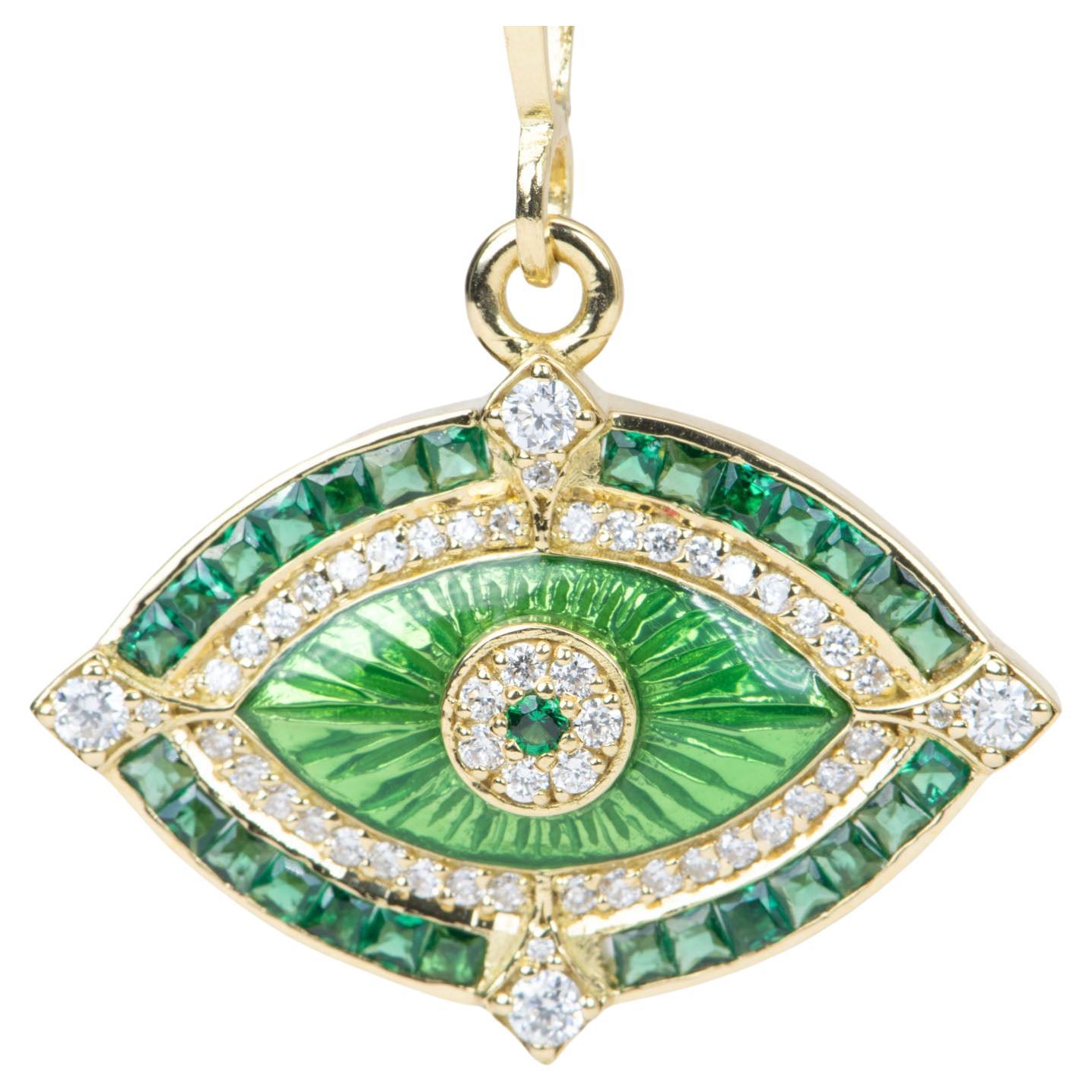 Emerald and Diamond Evil Eye Pendant Guilloche Enamel 18K Gold 5.74g R4450 For Sale