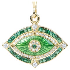 Emerald and Diamond Evil Eye Pendant Guilloche Enamel 18K Gold 5.74g R4450