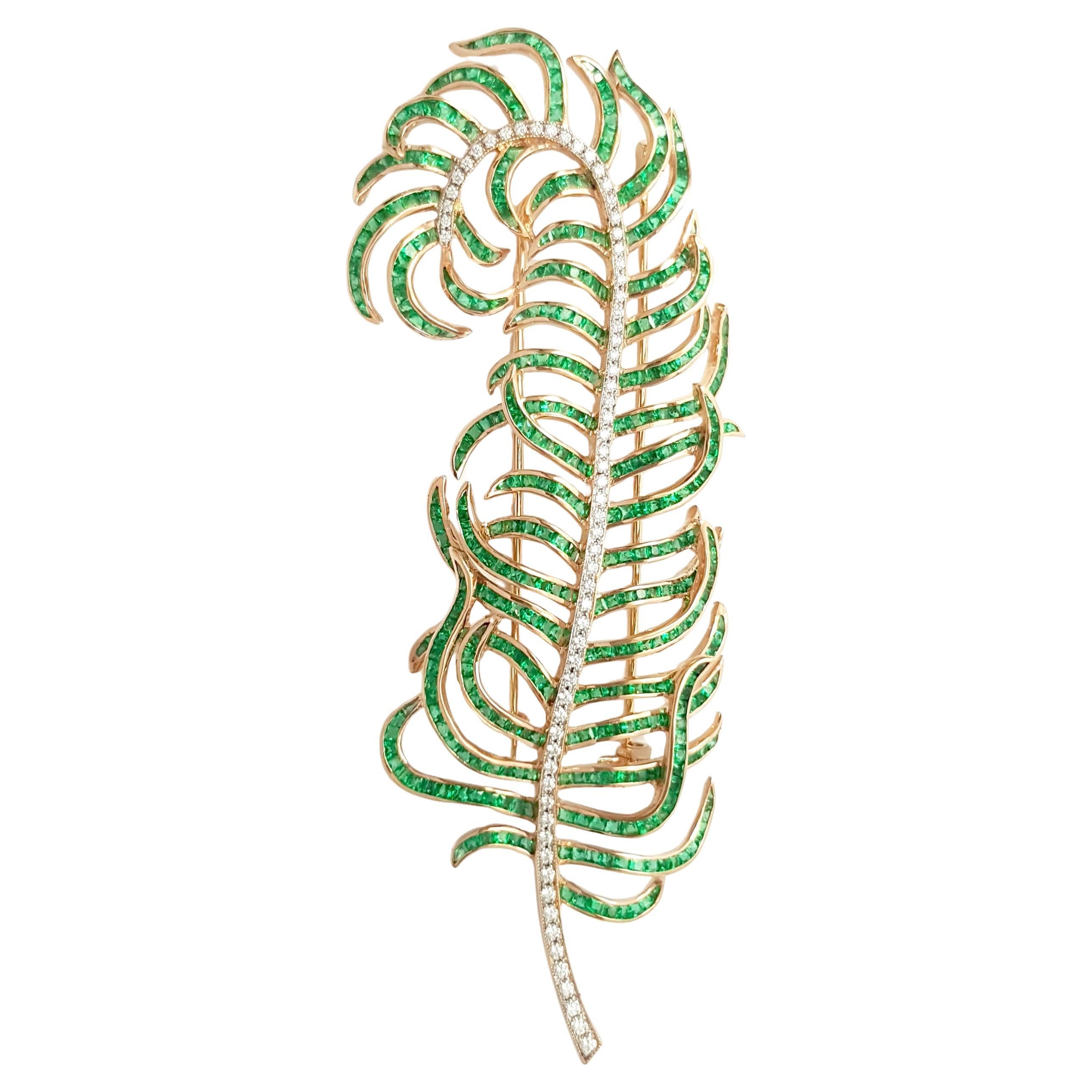 Emerald and Diamond Feather Brooch set in 18K Rose Gold Settings