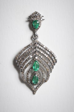 Emerald and Diamond Feather Dangle Earrings