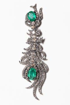 Emerald and Diamond Feather Dangle Earrings