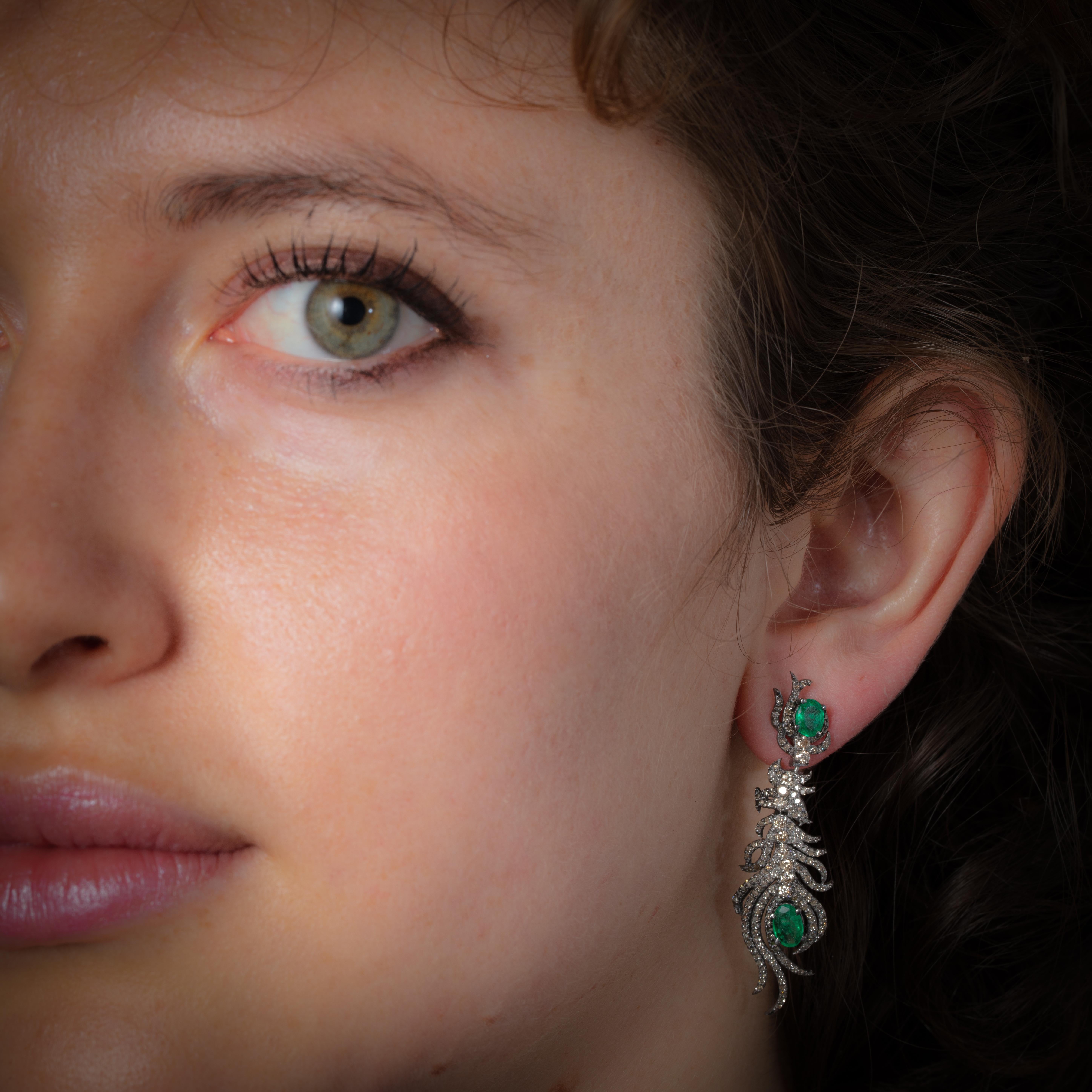Women's or Men's Emerald and Diamond Feather Dangle Earrings