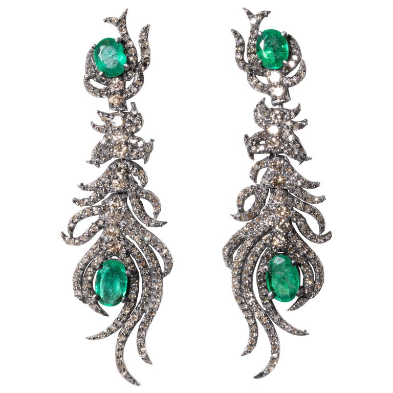 Emerald and Diamond Feather Dangle Earrings at 1stDibs