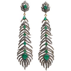 Emerald and Diamond Feather Dangle Earrings