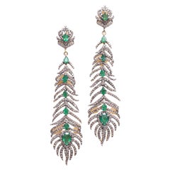 Emerald and Diamond Feather Dangle Earrings