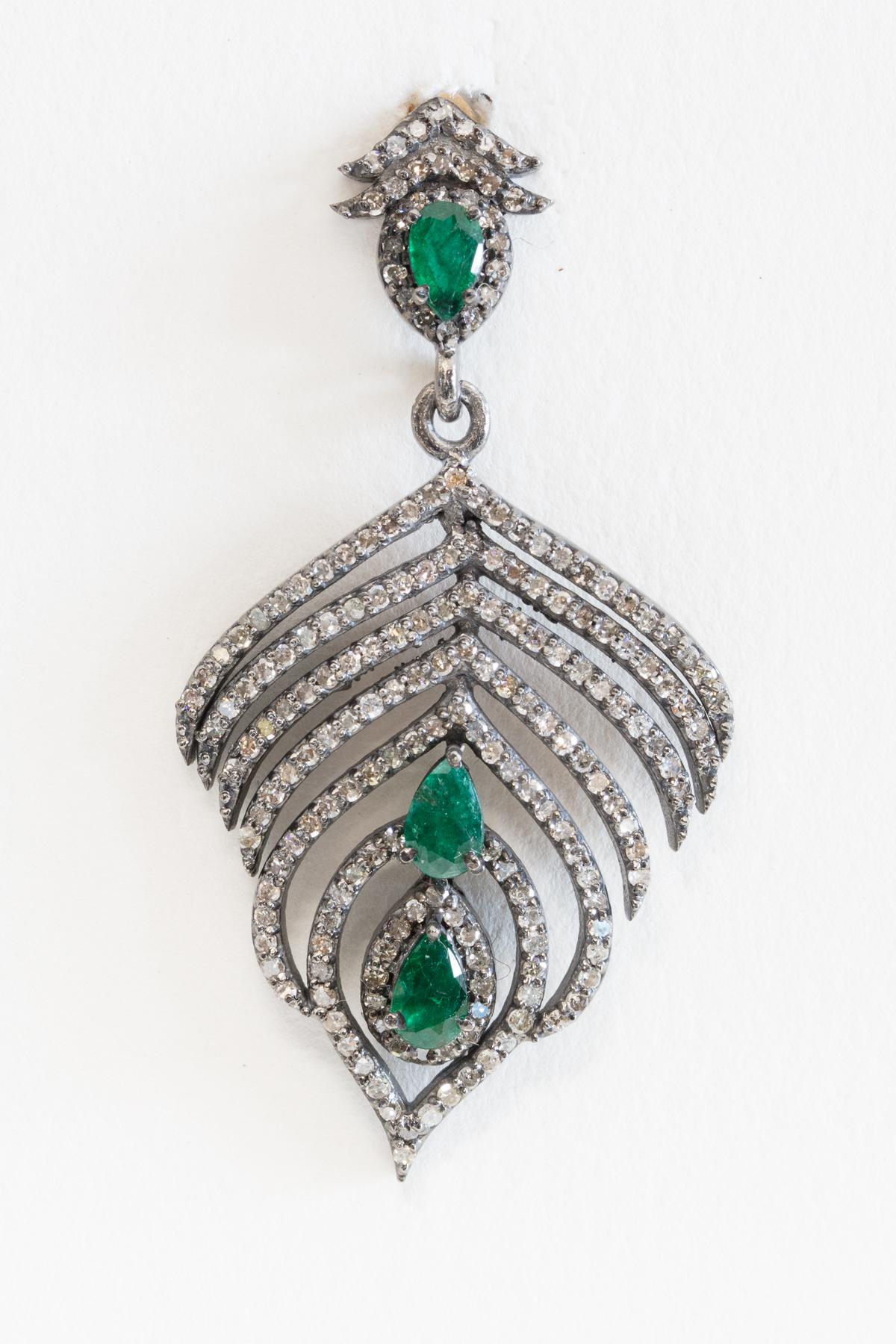 Pear Cut Emerald and Diamond Feather Earrings