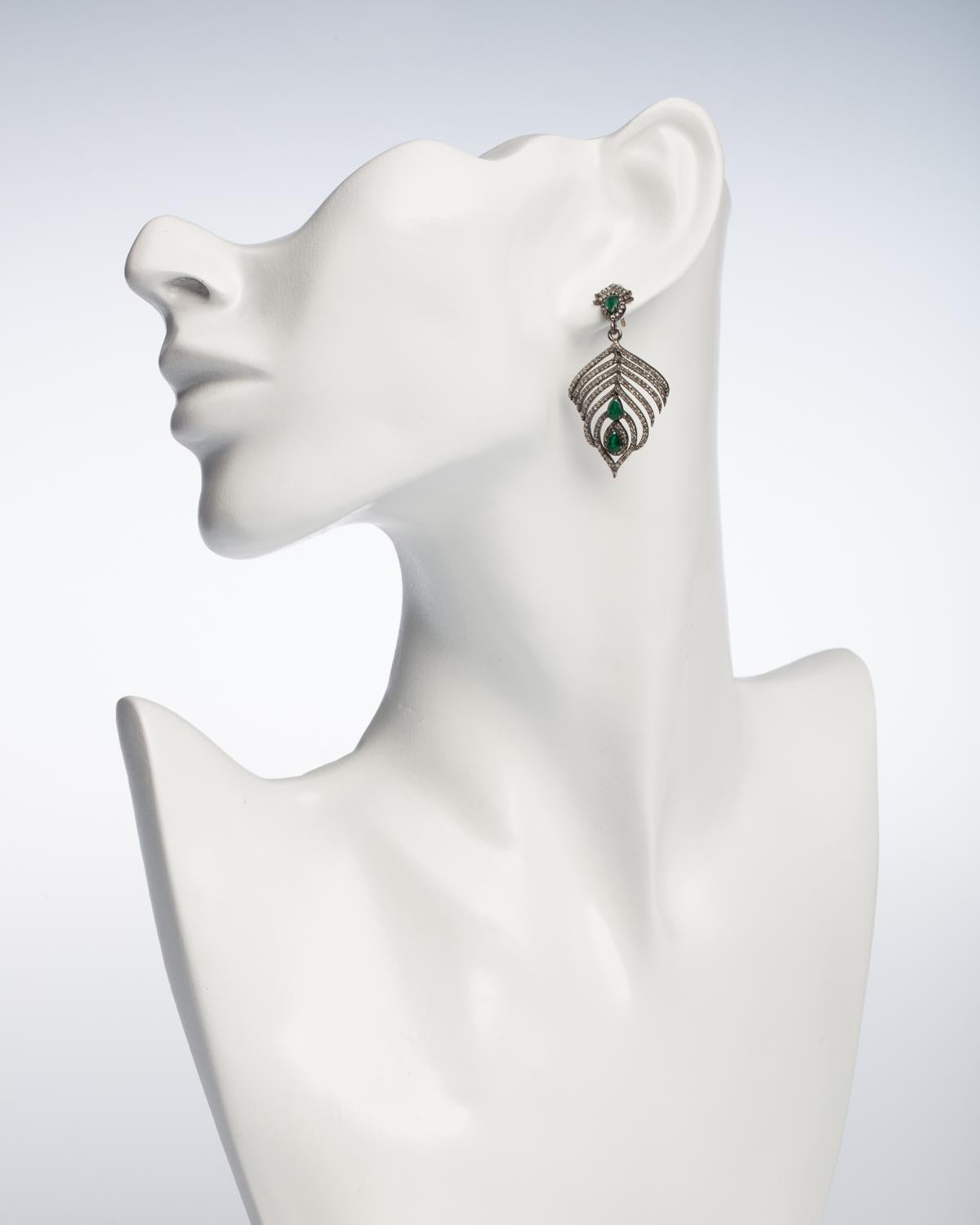 Women's or Men's Emerald and Diamond Feather Earrings
