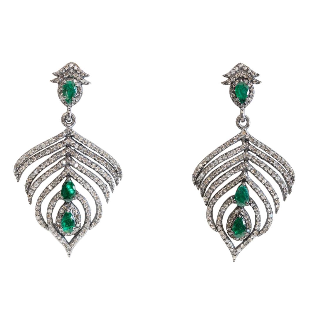 Emerald and Diamond Feather Earrings