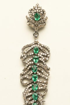 Emerald and Diamond Feather Motif Dangle Earrings