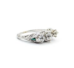 Emerald and Diamond Filigree Ring in 18k White Gold