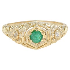 Emerald and Diamond Filigree Ring in Solid 14K Yellow Gold