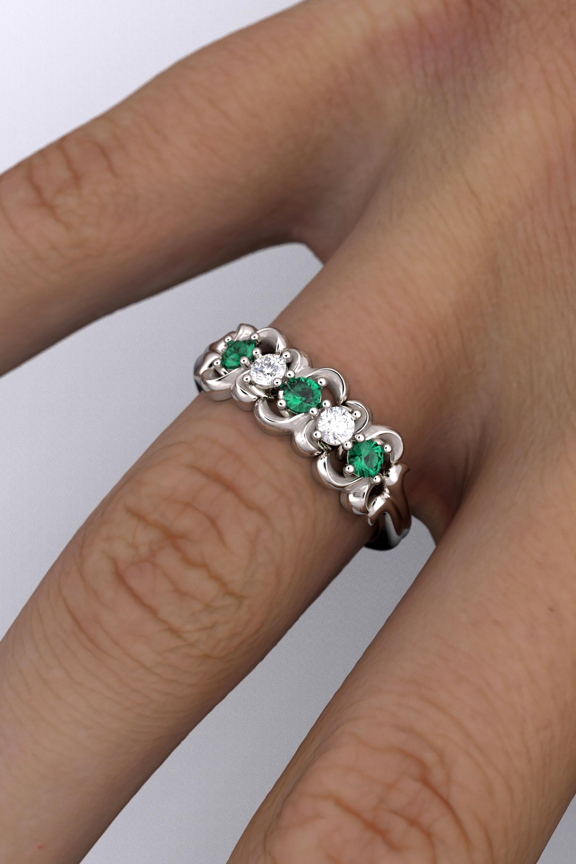 For Sale:  Emerald and Diamond Five Stone Anniversary Band Made in Italy in 14k Solid Gold 5