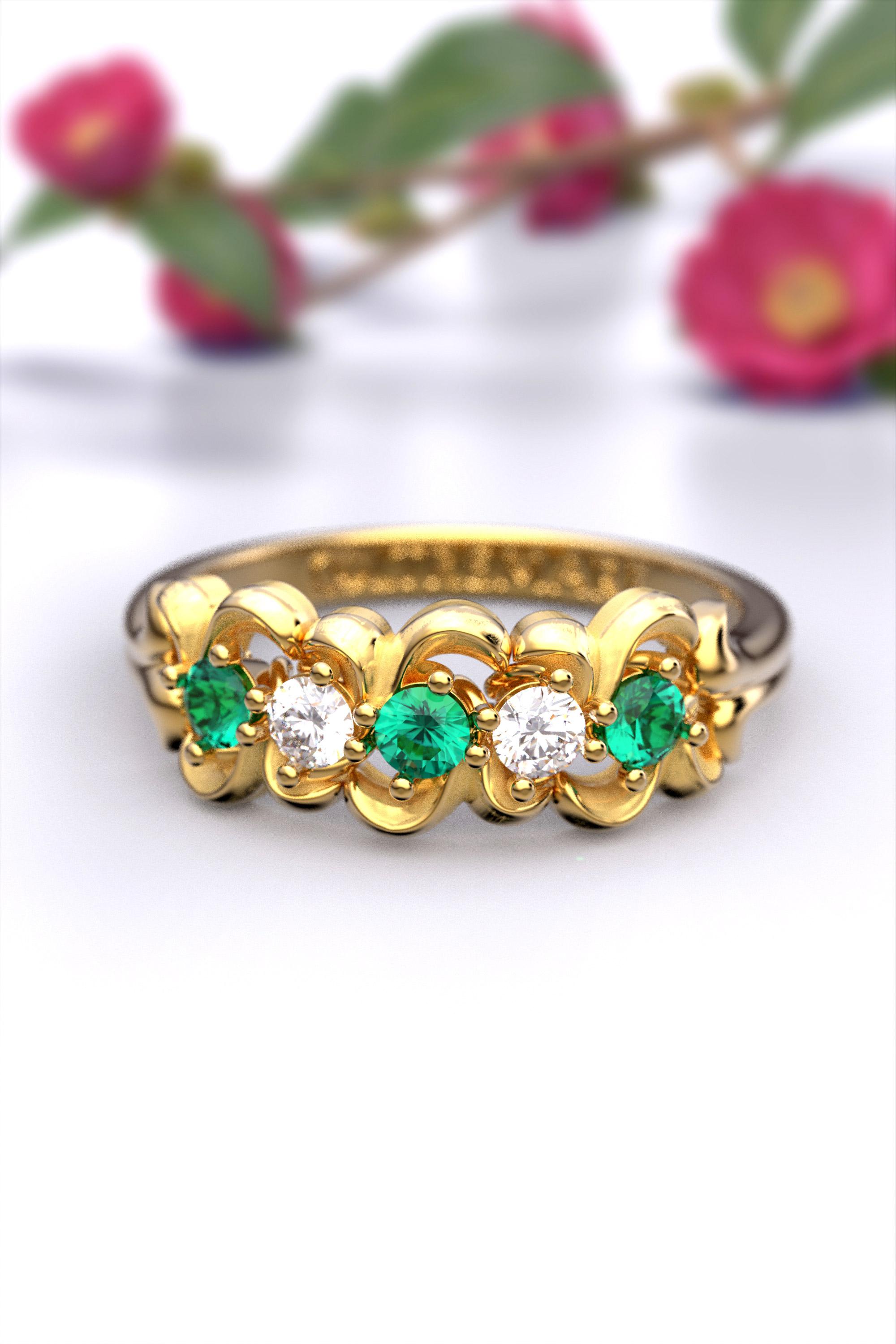 For Sale:  Emerald and Diamond Five Stone Anniversary Band Made in Italy in 14k Solid Gold 8