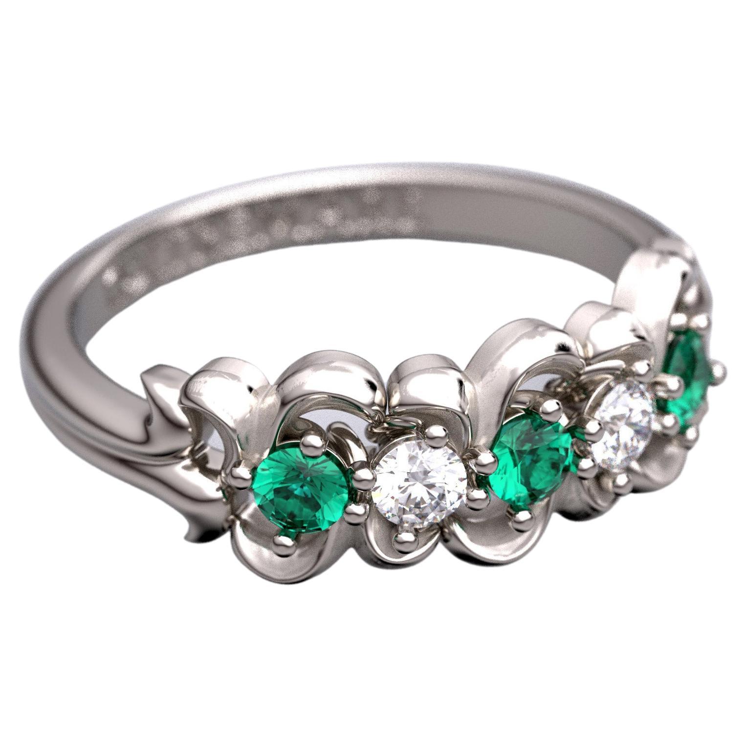 For Sale:  Emerald and Diamond Five Stone Anniversary Band Made in Italy in 14k Solid Gold