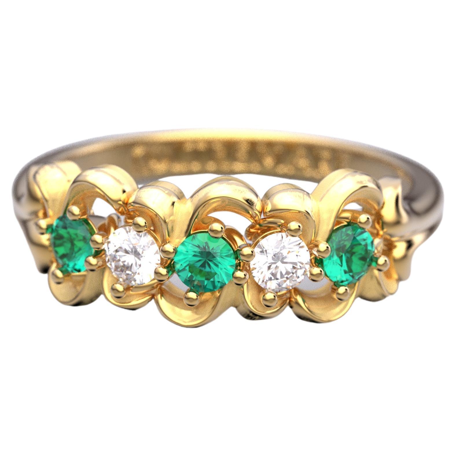 Anniversary-Ring mit Smaragd und Diamanten aus 18 Karat massivem Gold mit fünf Steinen