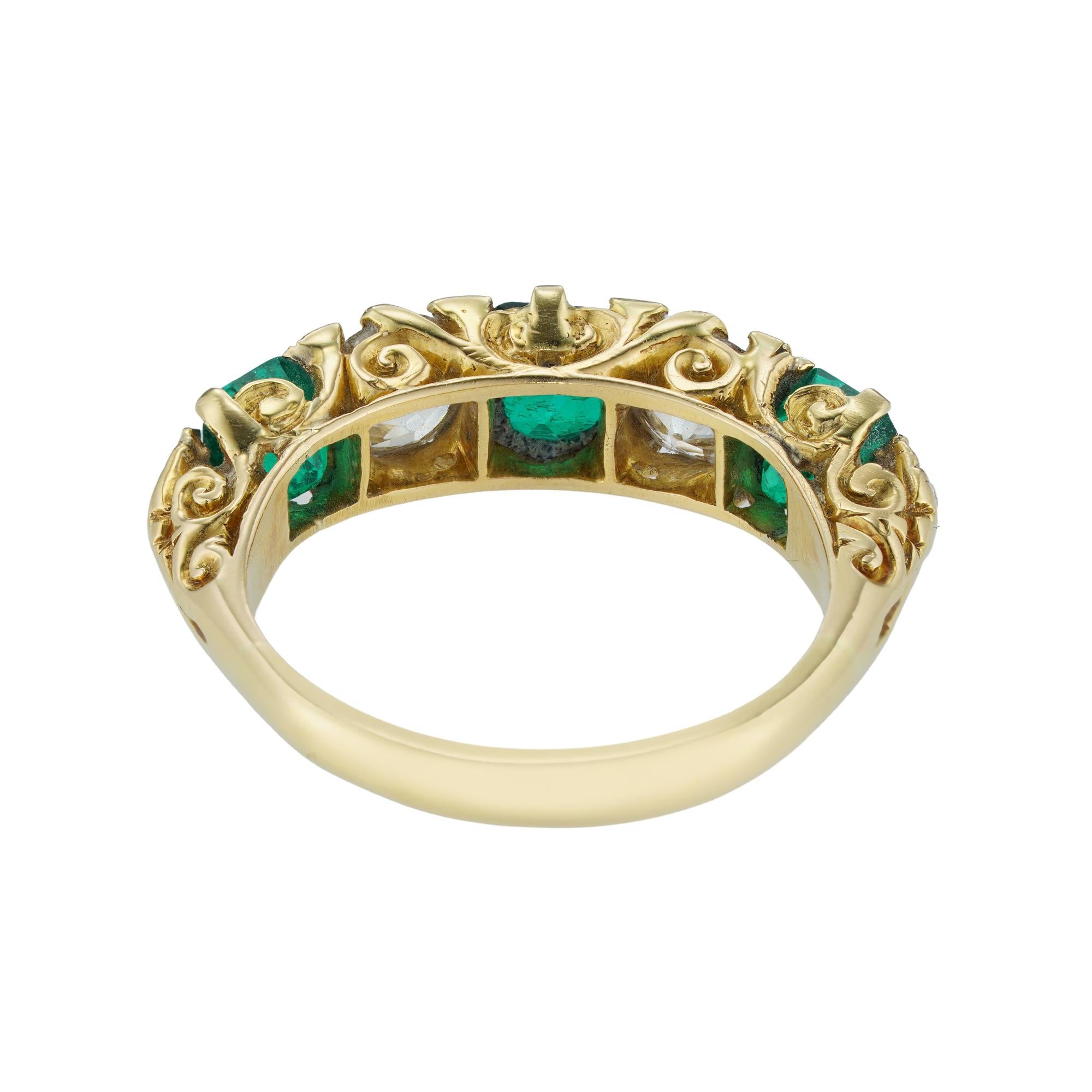 High Victorian Emerald and Diamond Five-Stone Half Hoop Ring For Sale