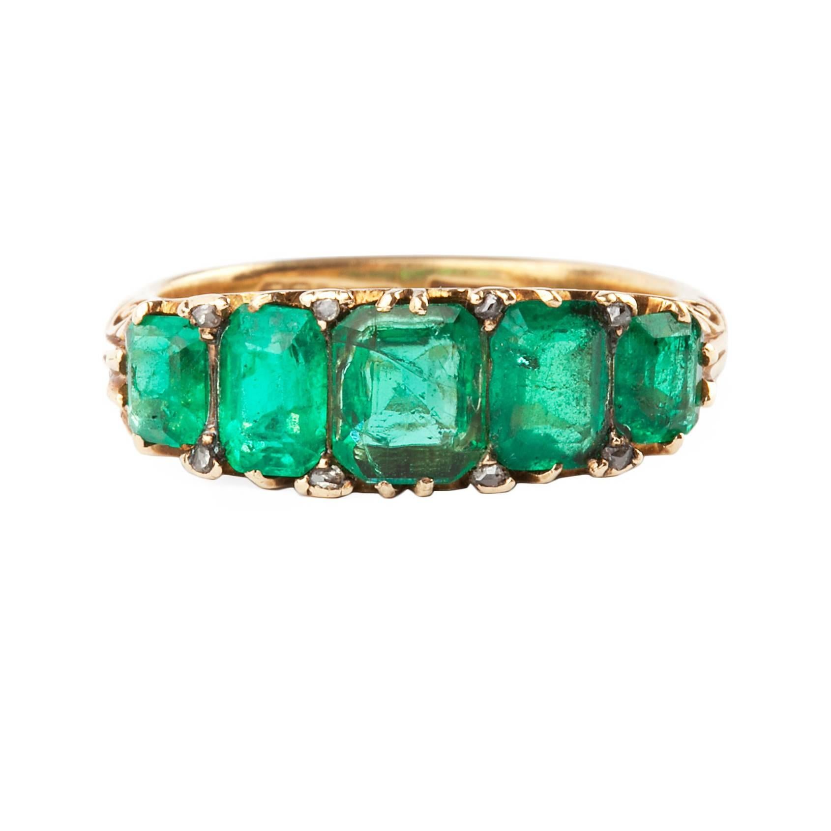 Emerald and Diamond Five Stone Victorian Ring