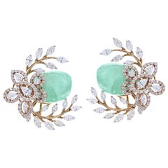 Emerald and Diamond Floral and Leaf Earrings, 18K Gold