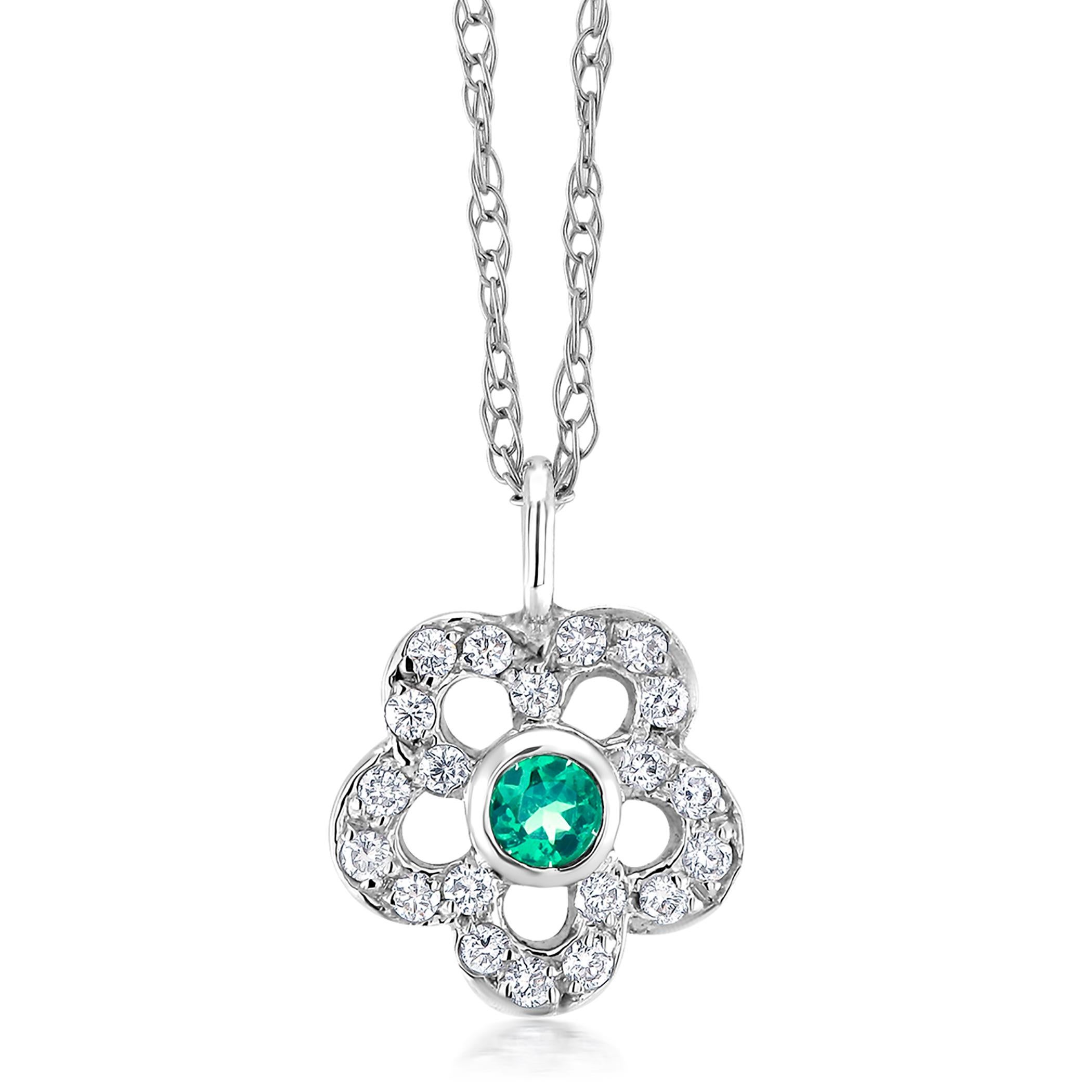 Modernist Emerald and Diamond Floral Charm Pendant Necklace