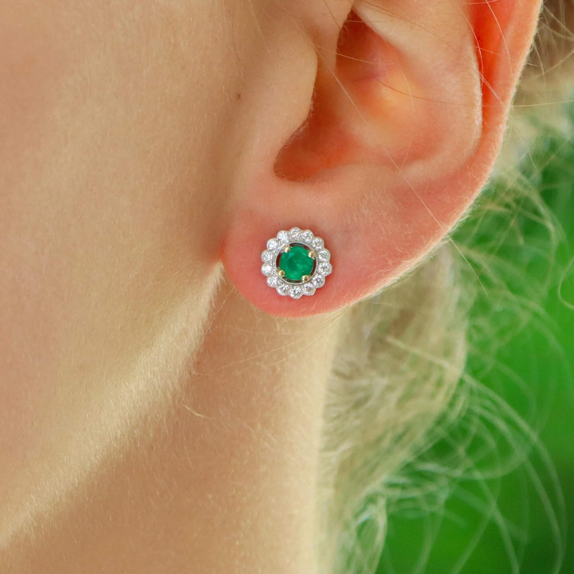 Modern Emerald and Diamond Floral Cluster Earrings Set in 18k White Gold For Sale