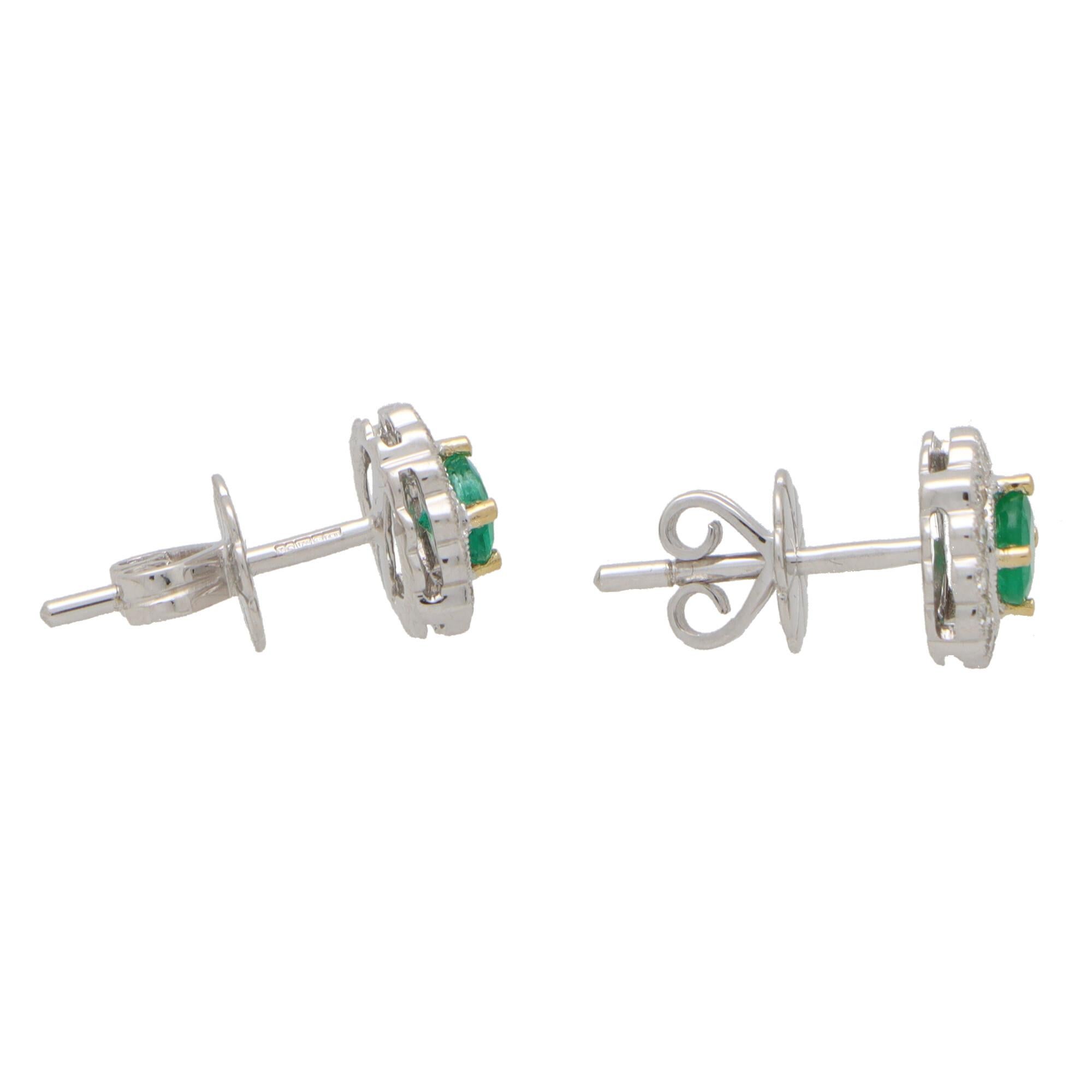 Women's or Men's Emerald and Diamond Floral Cluster Earrings Set in 18k White Gold For Sale