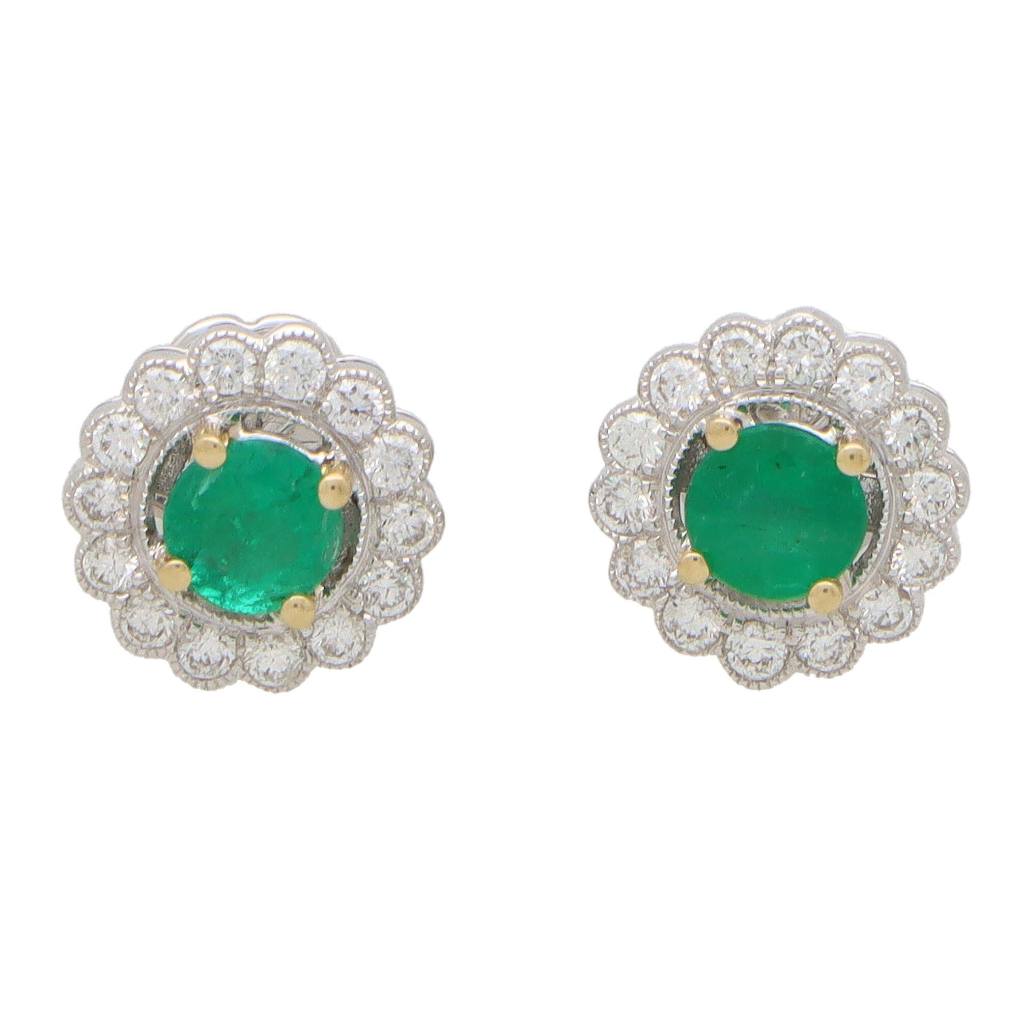 Emerald and Diamond Floral Cluster Earrings Set in 18k White Gold For Sale 1
