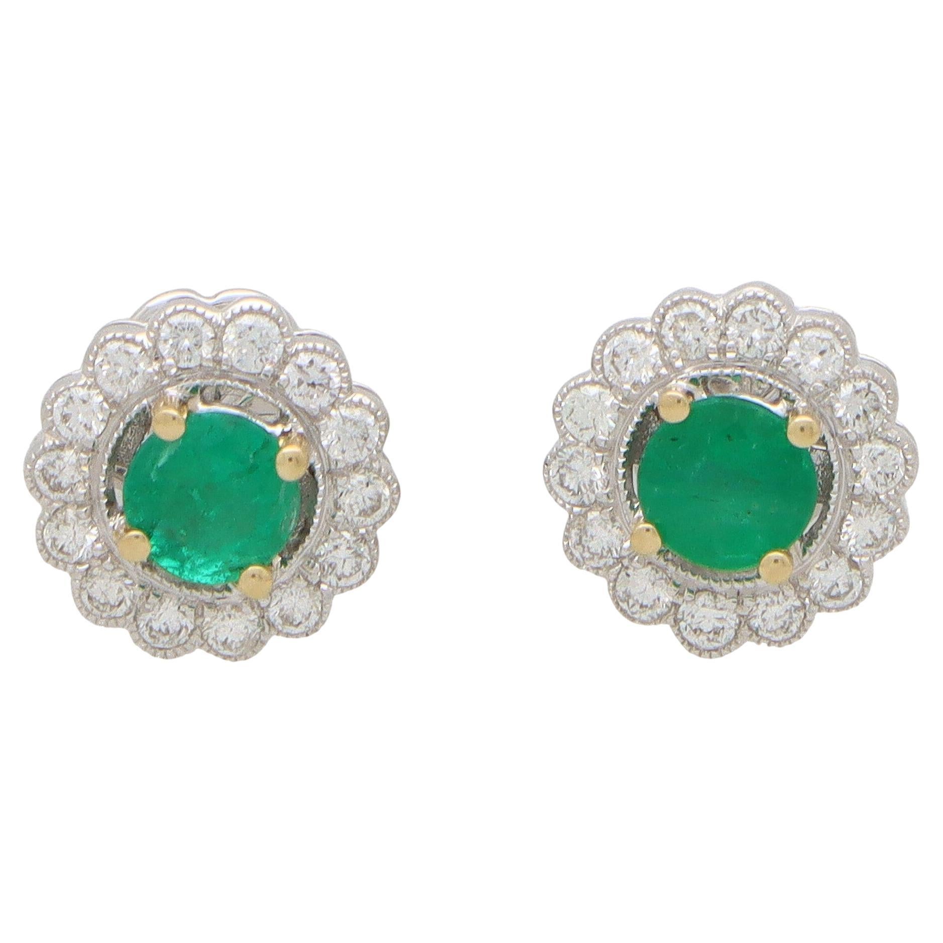 Emerald and Diamond Floral Cluster Earrings Set in 18k White Gold For Sale