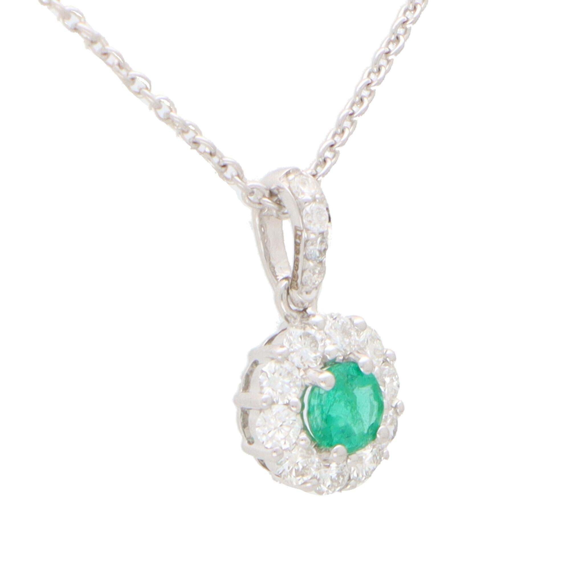 Modern Emerald and Diamond Floral Cluster Pendant in 18k White Gold For Sale