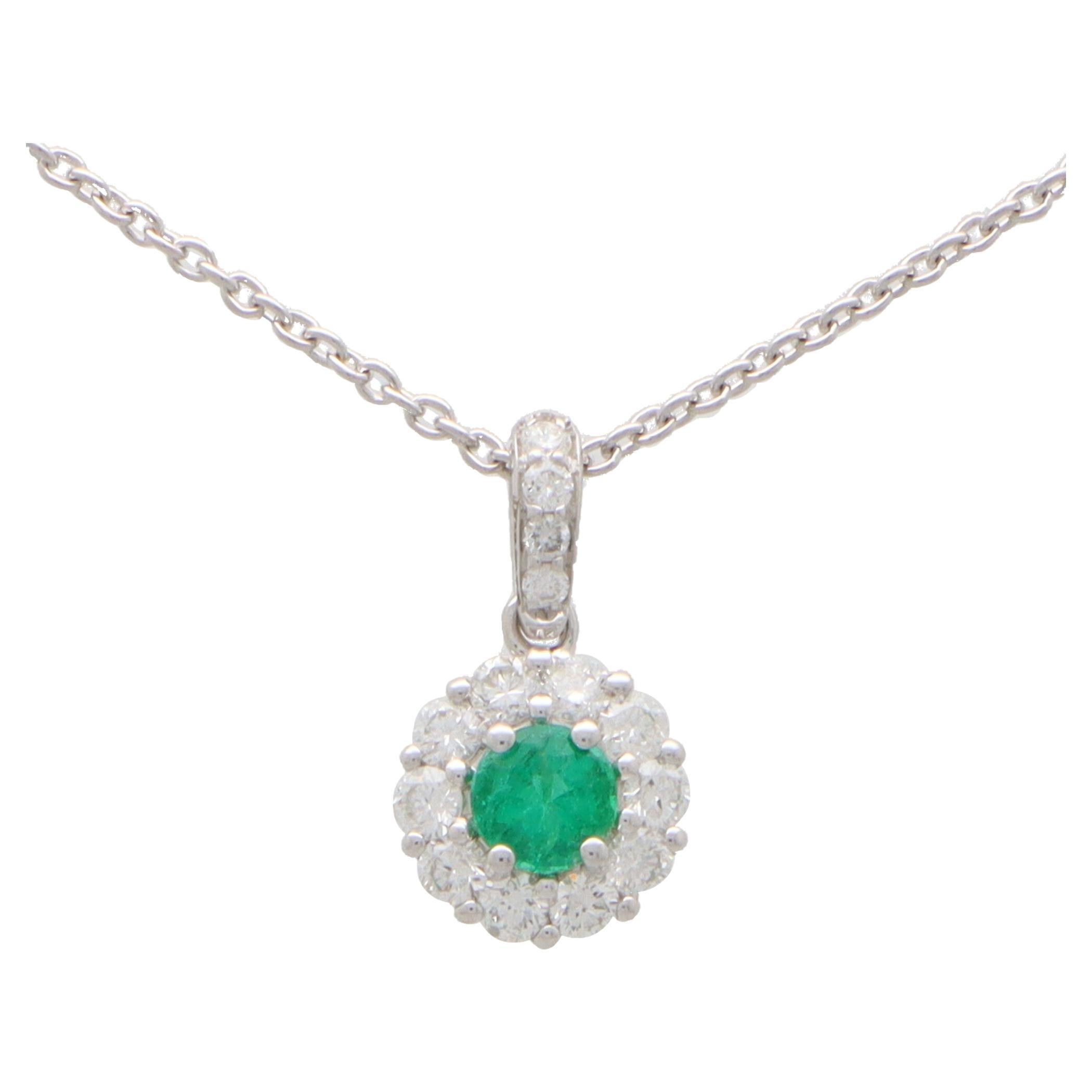 Emerald and Diamond Floral Cluster Pendant in 18k White Gold