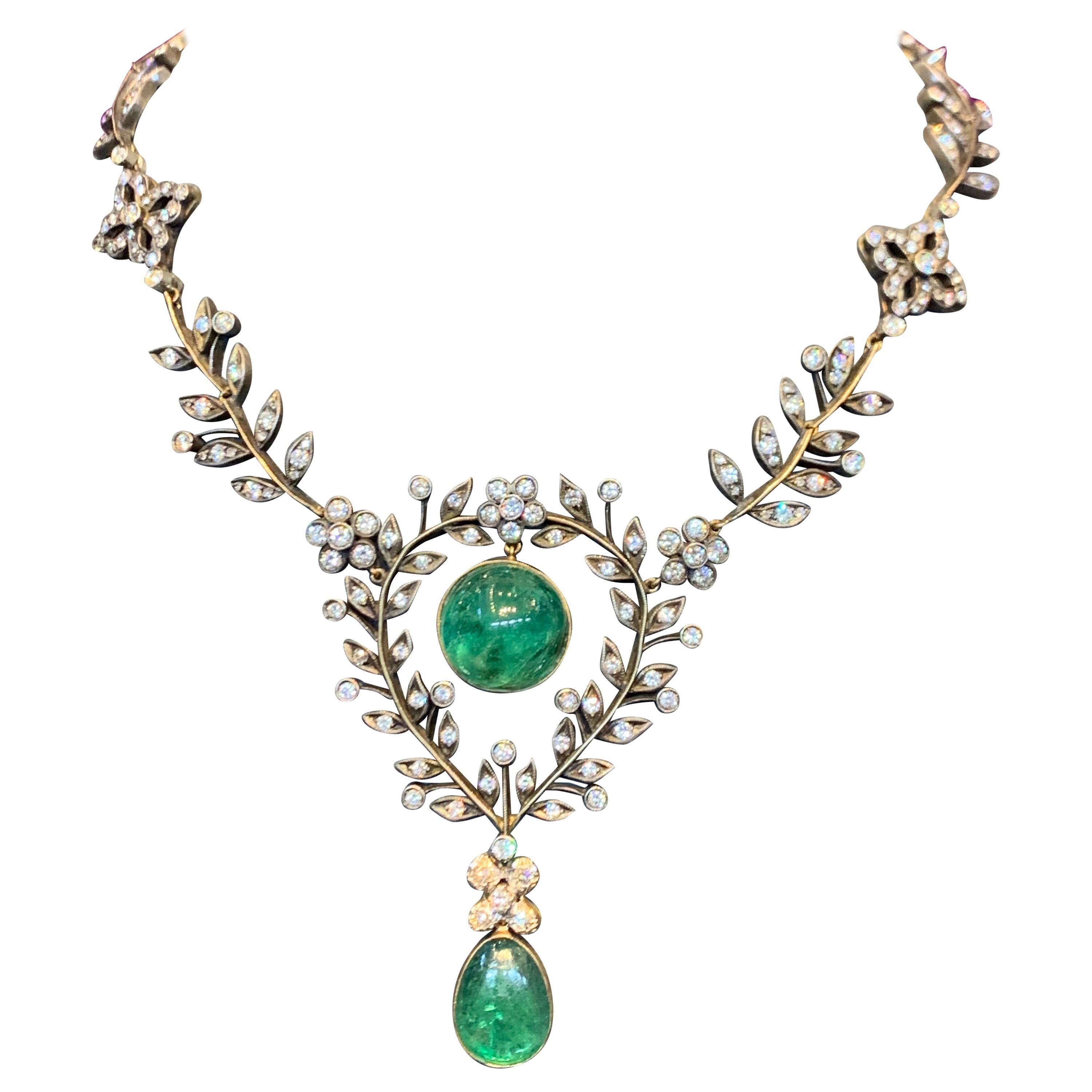 Emerald and Diamond Floral Drop Necklace In Excellent Condition For Sale In New York, NY