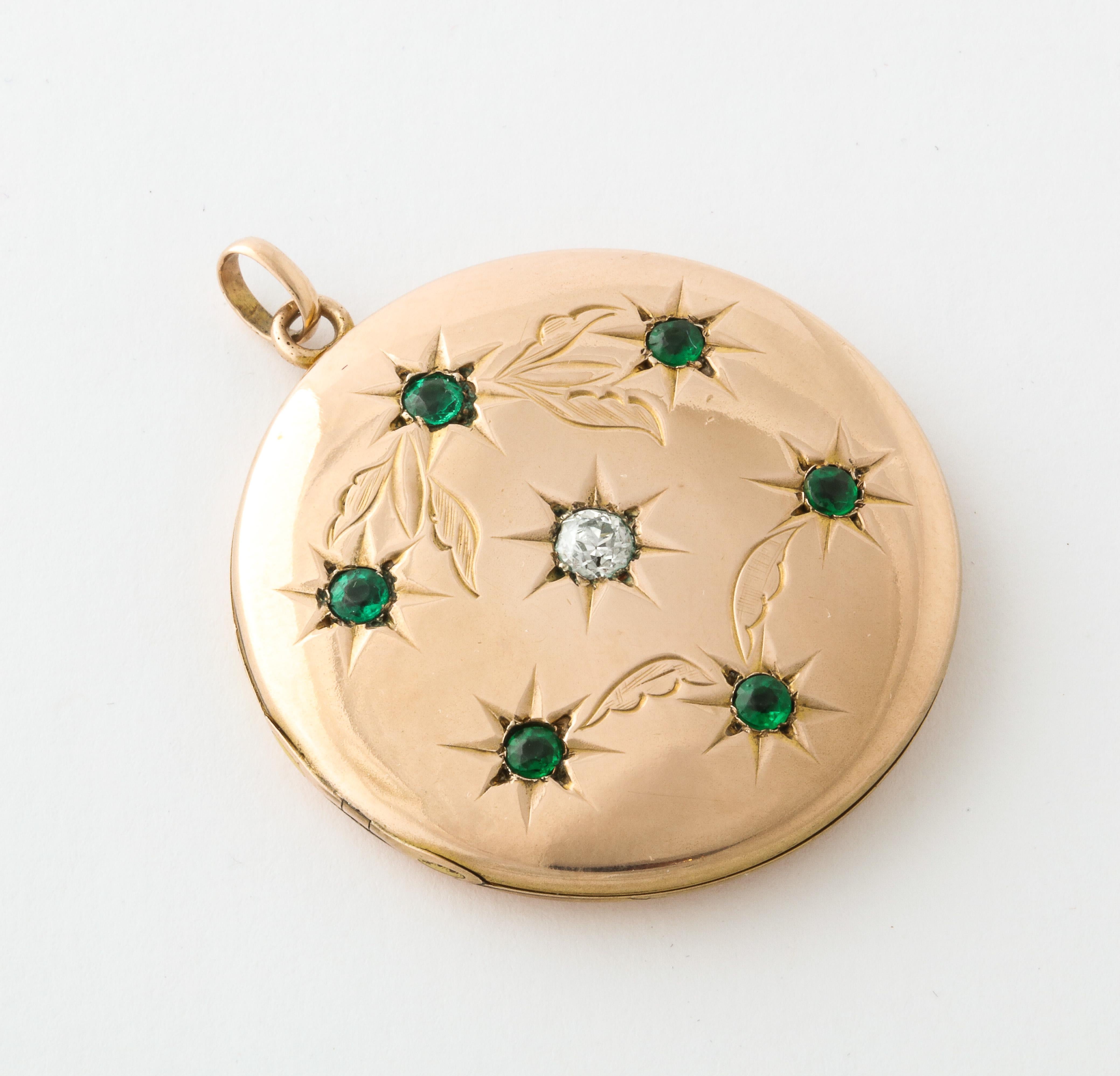 Rose Cut Emerald and Diamond Floral Engraved Locket