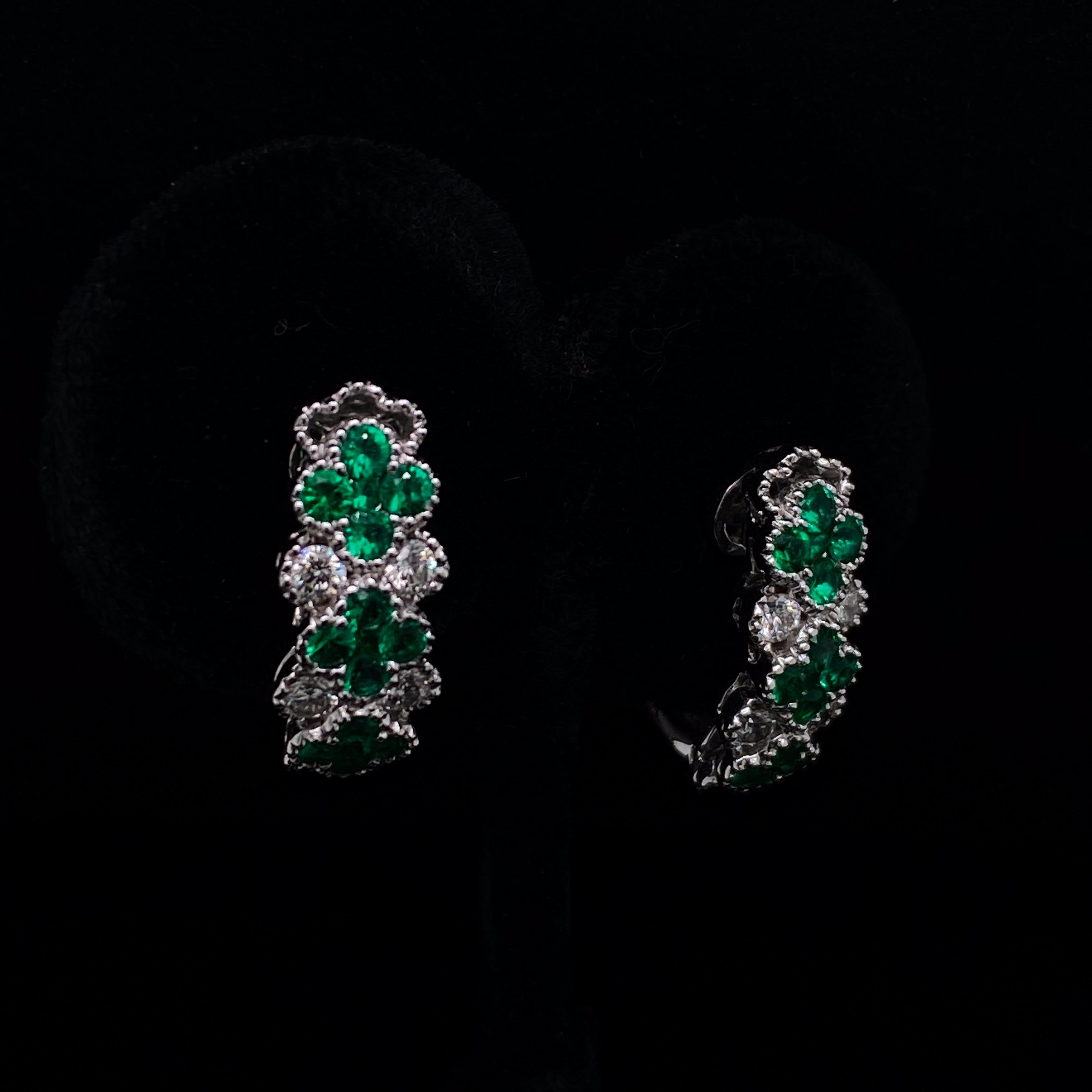 Retro Emerald and Diamond Floral Hoop Earrings 18 Karat White Gold For Sale