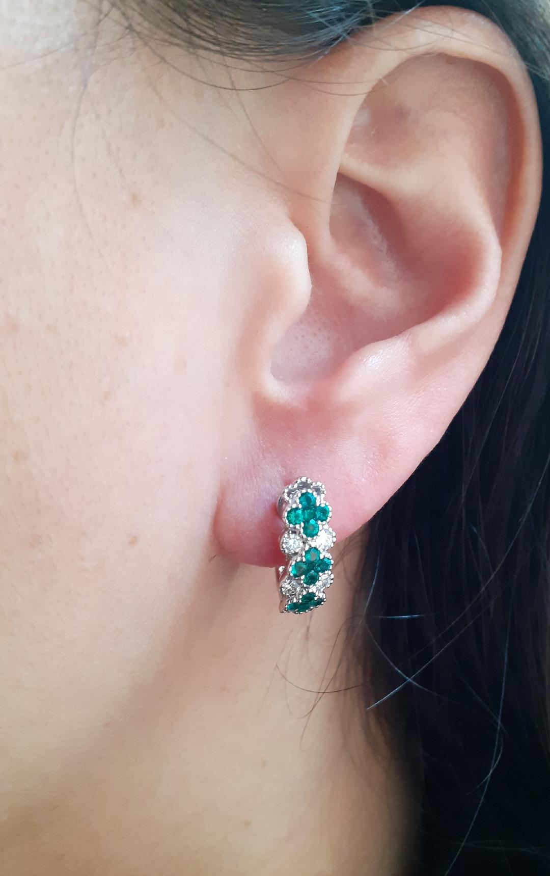 Emerald and Diamond Floral Hoop Earrings 18 Karat White Gold For Sale 1