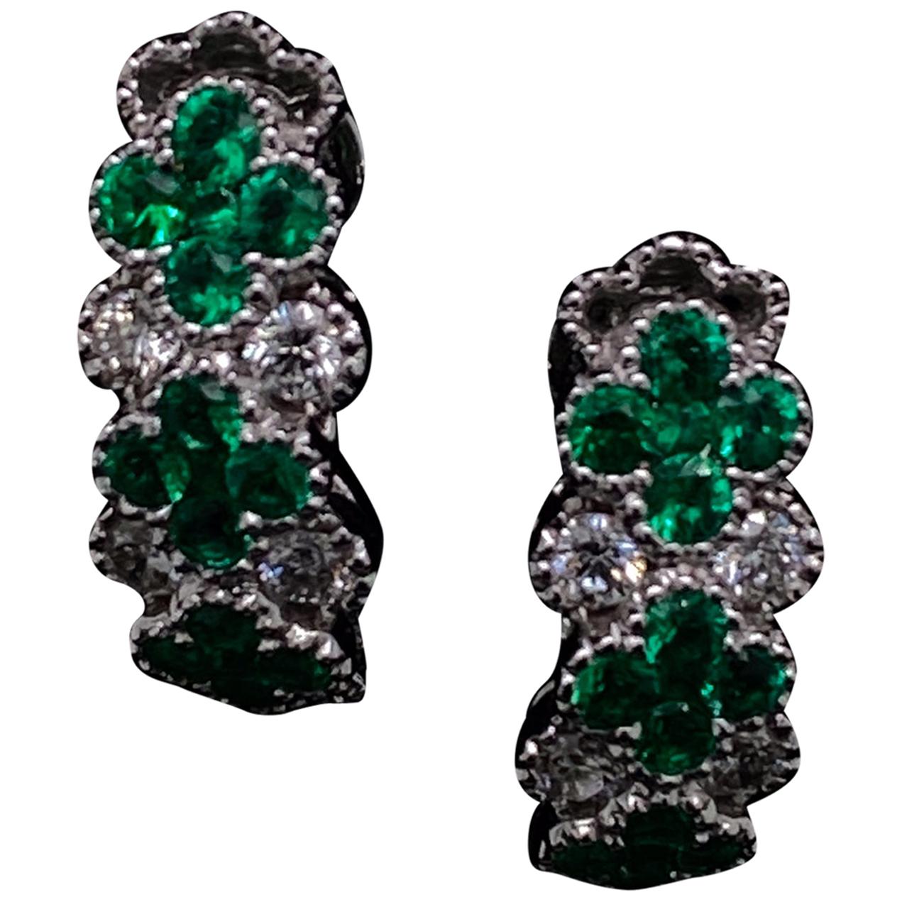 Emerald and Diamond Floral Hoop Earrings 18 Karat White Gold For Sale