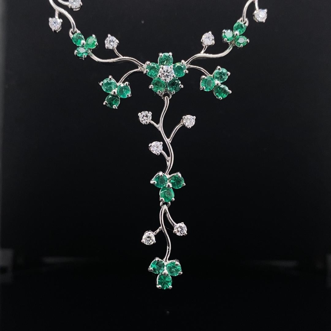 Round Cut Emerald and Diamond Floral Necklace 18 Karat White Gold For Sale