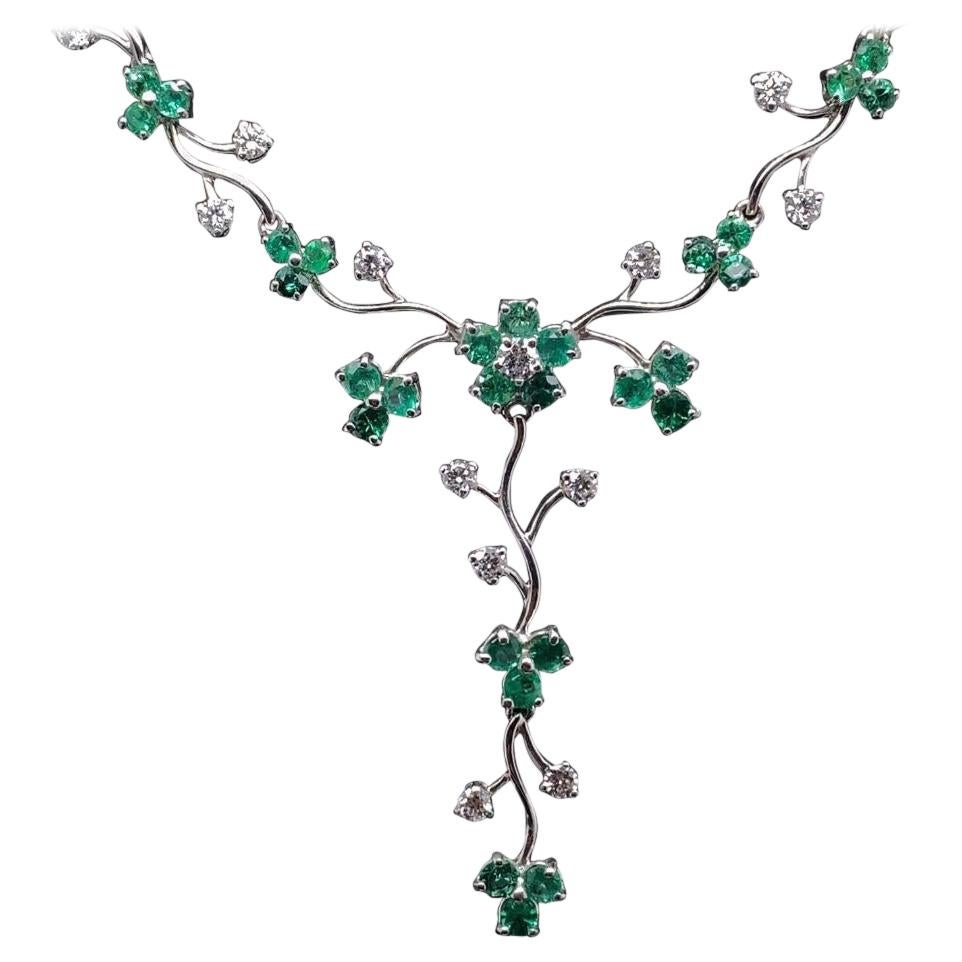 Emerald and Diamond Floral Necklace 18 Karat White Gold