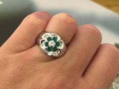 Emerald and Diamond Flower Band Ring 14K White Gold