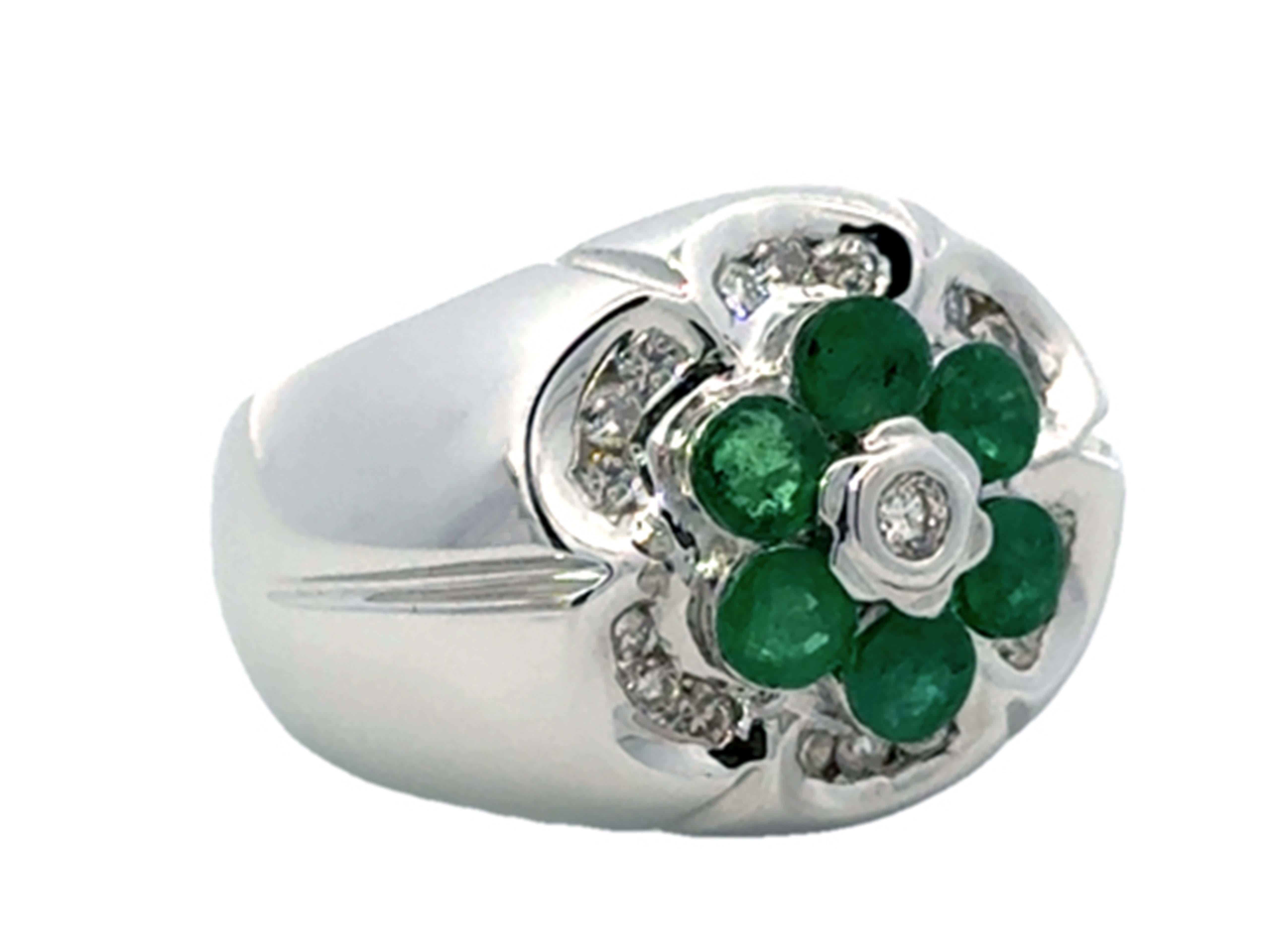 Brilliant Cut Emerald and Diamond Flower Band Ring 14K White Gold For Sale