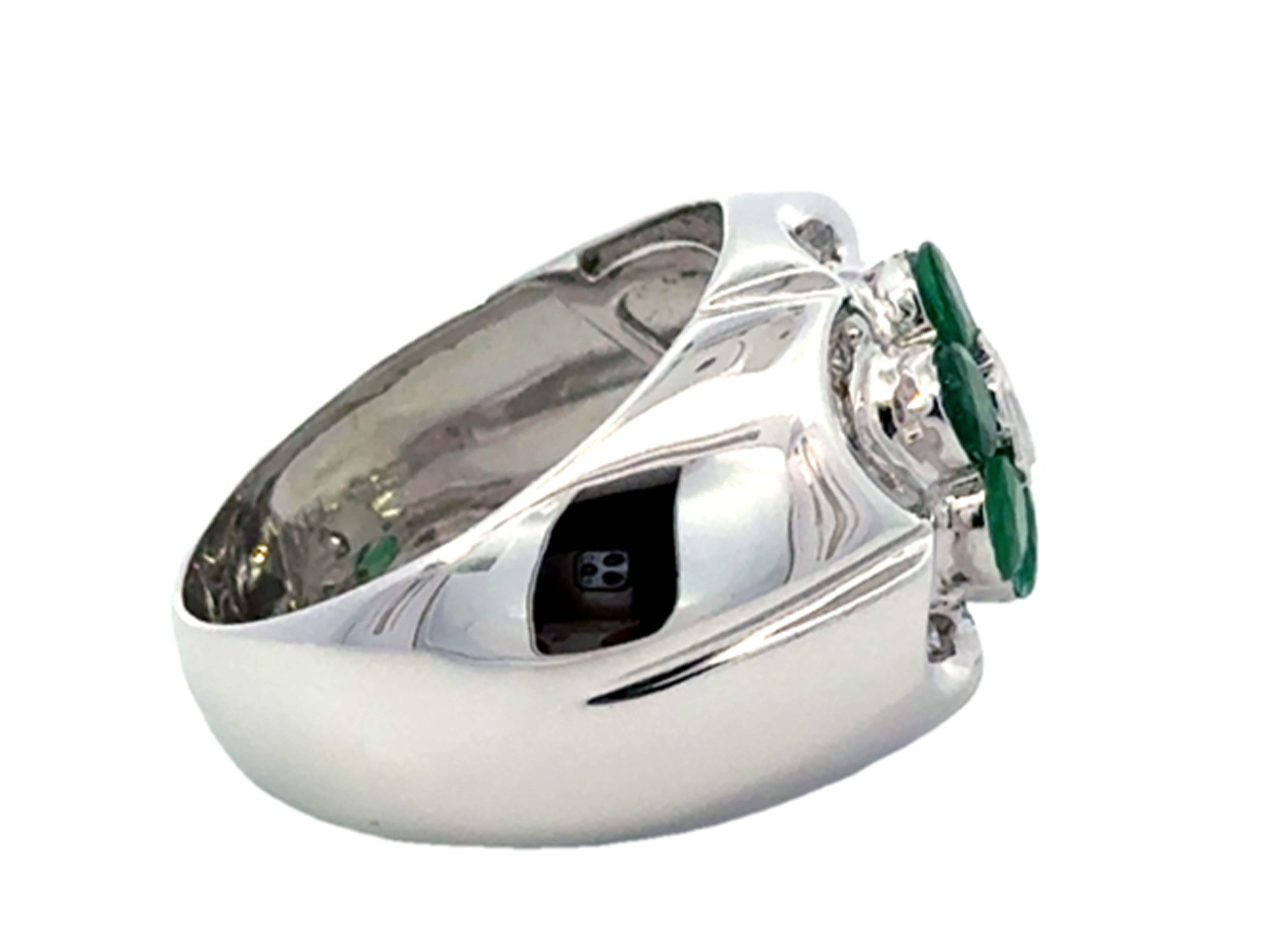 Women's or Men's Emerald and Diamond Flower Band Ring 14K White Gold For Sale
