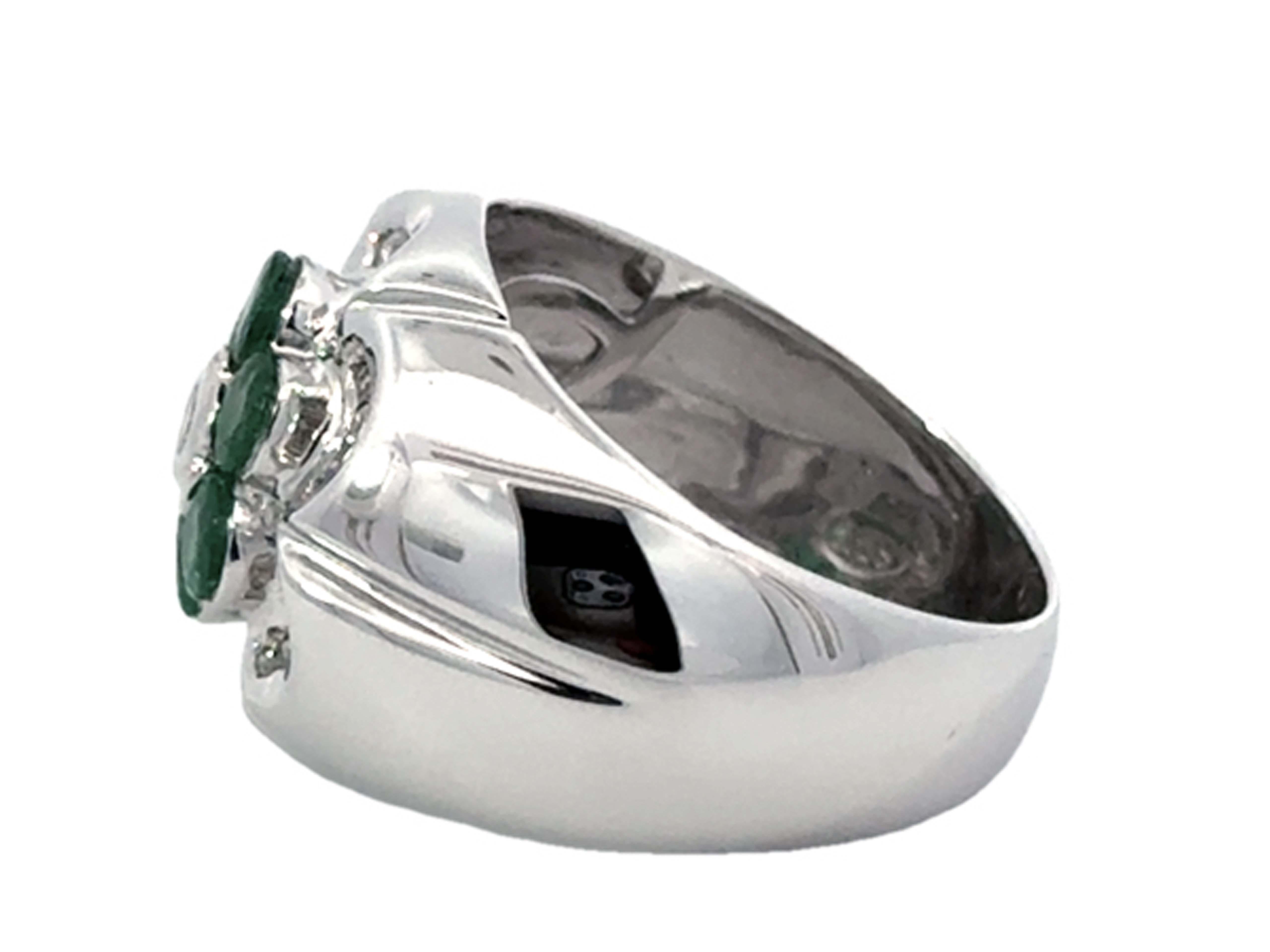 Emerald and Diamond Flower Band Ring 14K White Gold For Sale 1