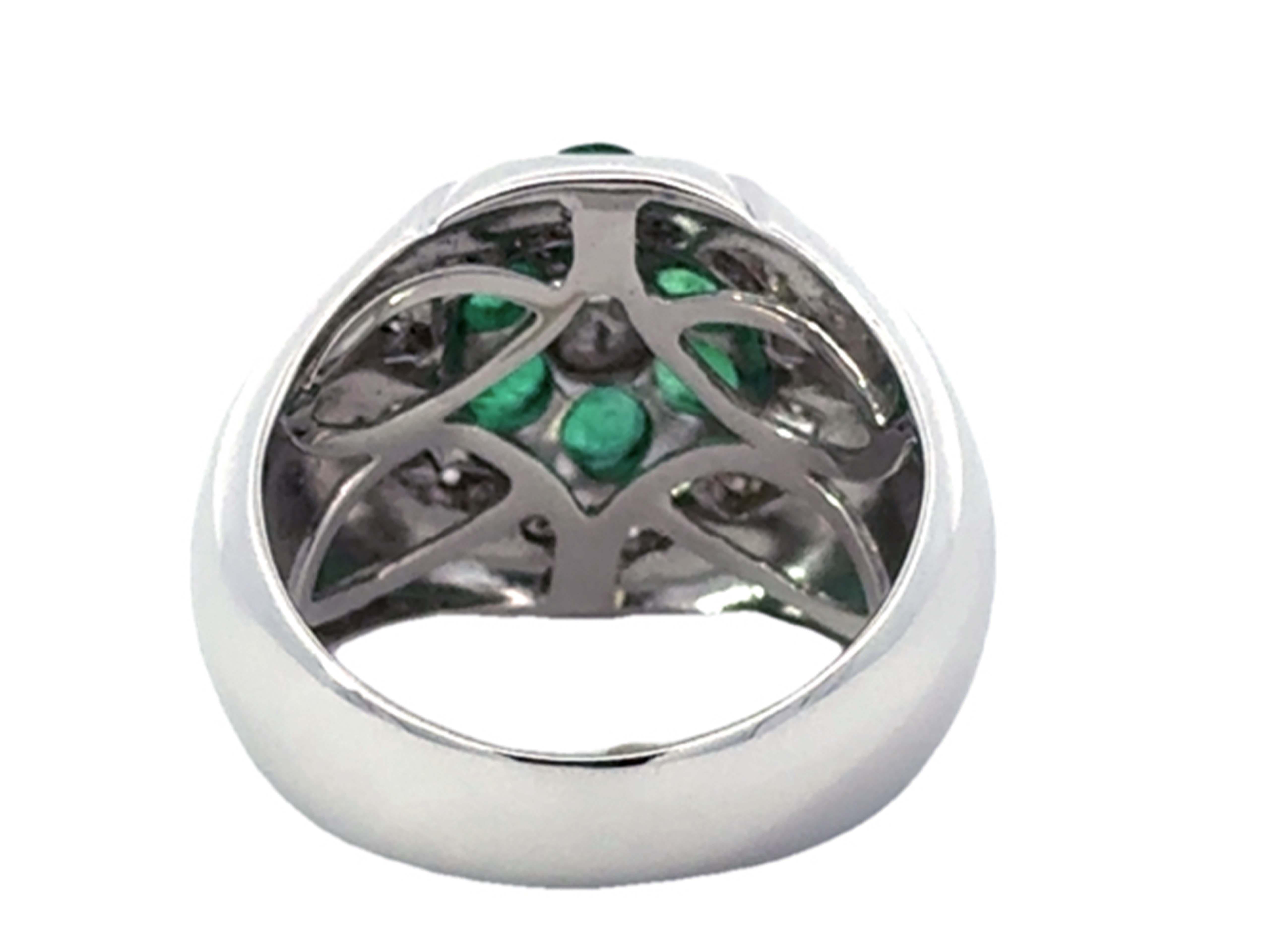 Emerald and Diamond Flower Band Ring 14K White Gold For Sale 2