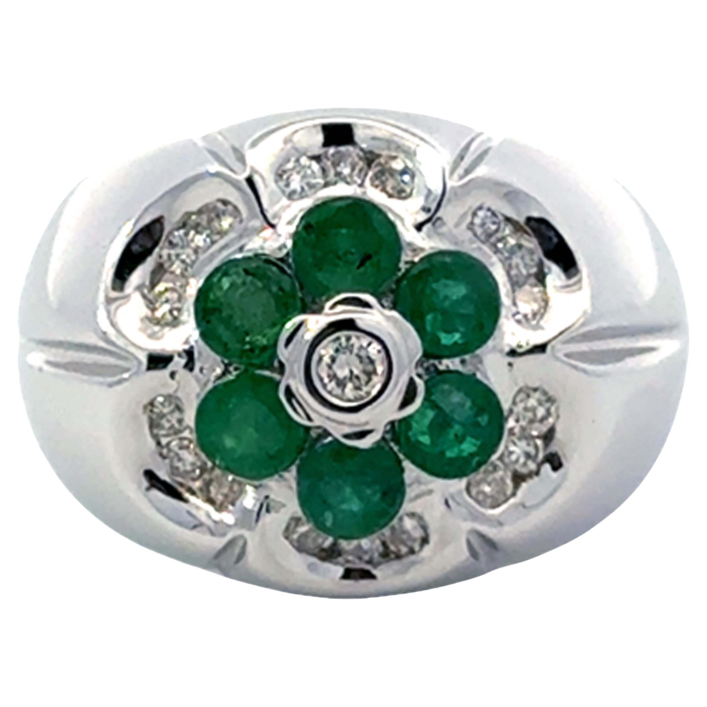 Anillo Flor Esmeralda y Diamante Oro Blanco 14K