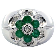 Anillo Flor Esmeralda y Diamante Oro Blanco 14K