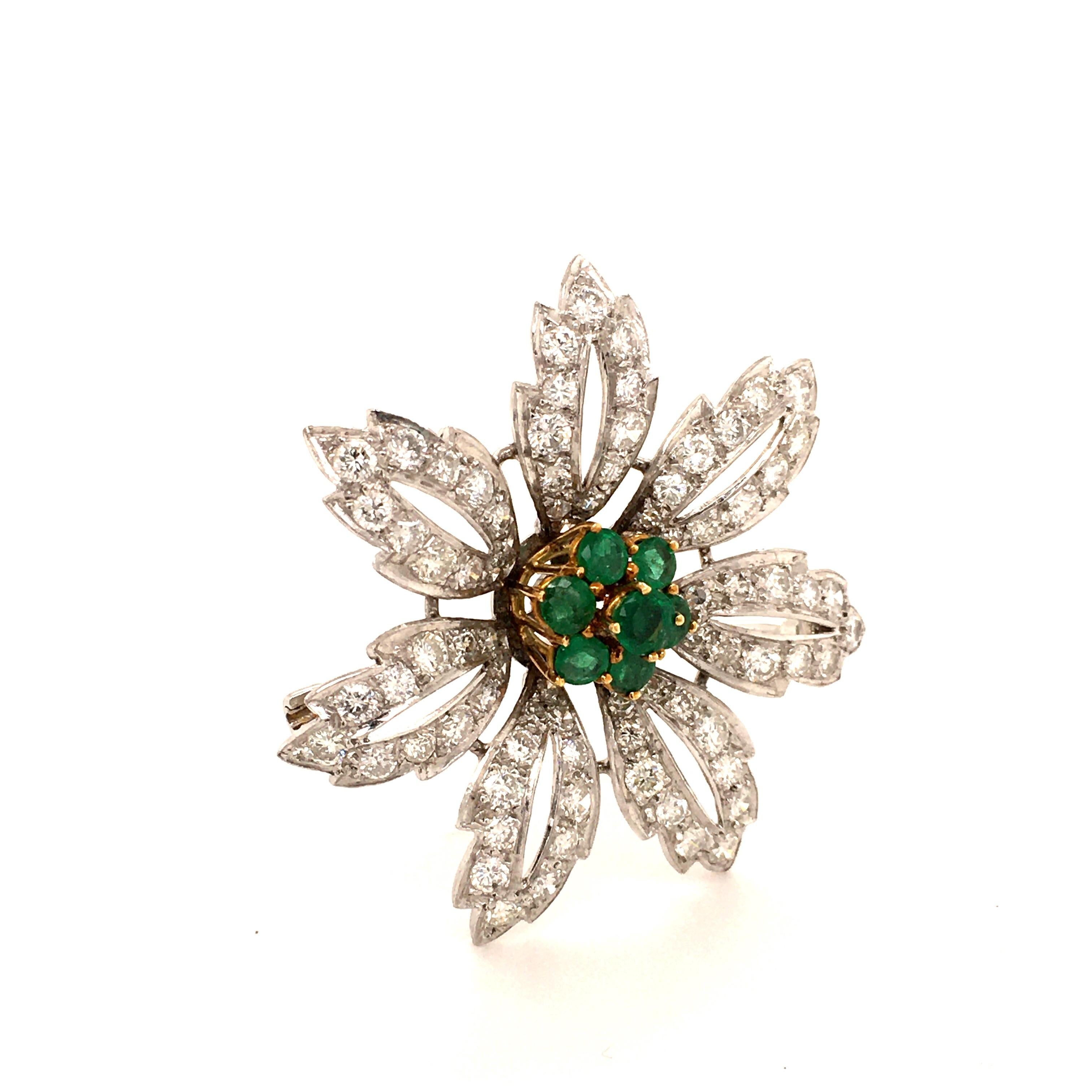 Contemporary Emerald and Diamond Flower Brooch in 14 Karat White and Yellow Gold